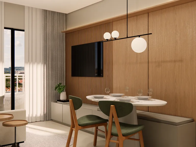 Sala de estar e jantar decorada de um apartamento do Bravize Eusébio