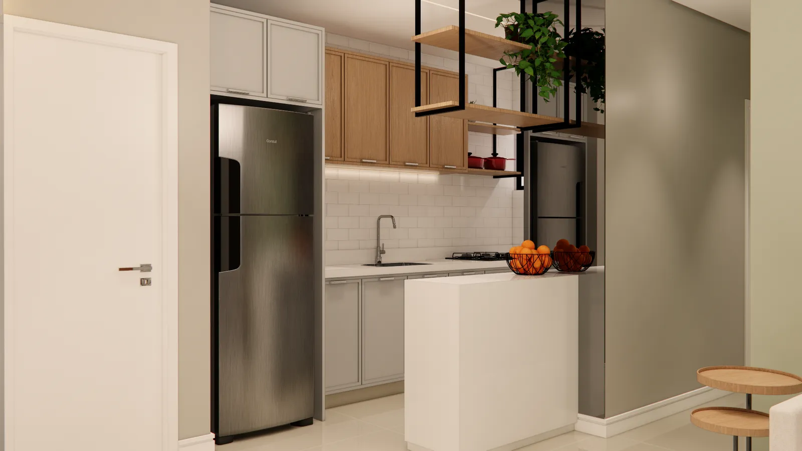 Cozinha decorada de um apartamento do Bravize Eusébio, com armários, bancada, geladeira e forno