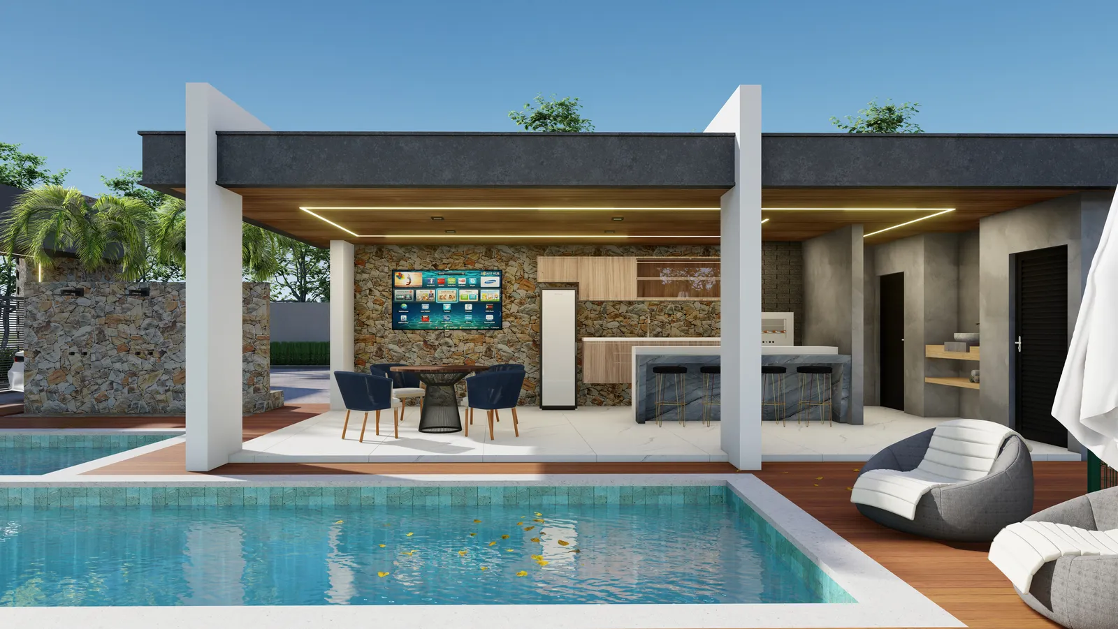 Deck gourmet do Bravize Eusébio, coberto, com churrasqueira, bancada, mesas e poltronas ao lado da piscina
