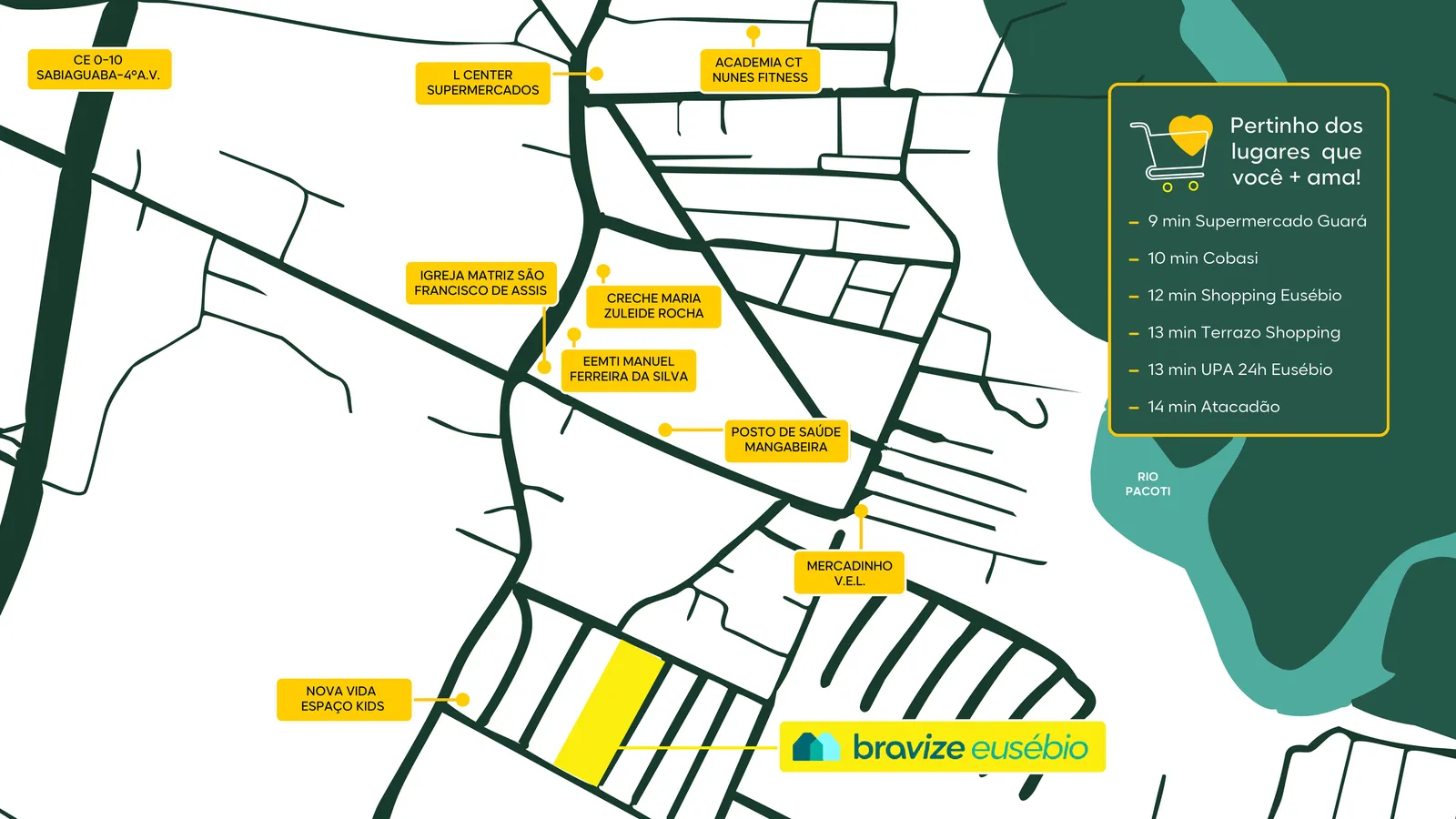 Mapa ilustrado do entorno do Bravize Eusébio, com as ruas da Mangabeira, o Rio Pacoti e os pontos de comércio, saúde e educação marcados