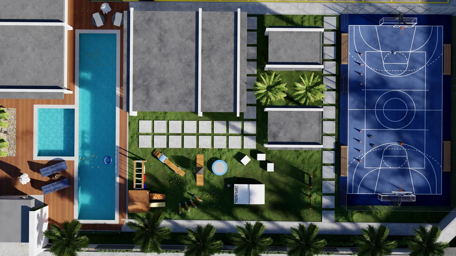 Vista aérea da área de lazer do Bravize Eusébio, com a piscina, o deck, os bangalôs, a quadra poliesportiva e o espaço kids entre os blocos