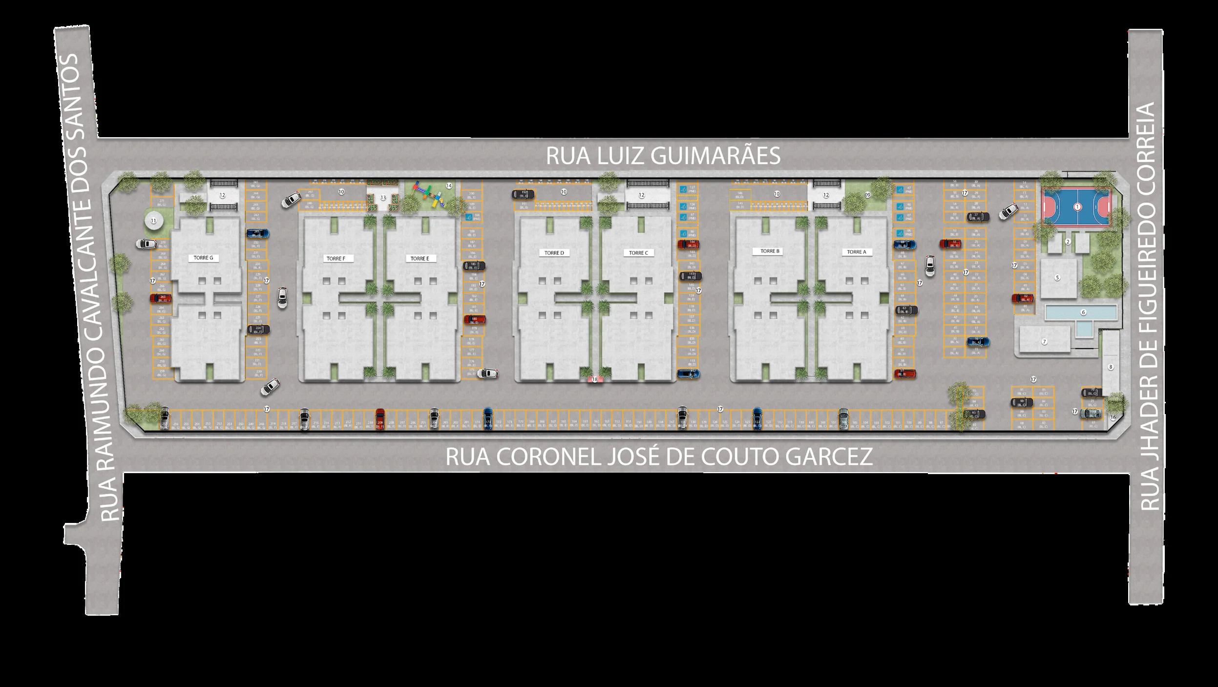 Implantação do Bravize Eusébio, com os blocos entre a Rua Luiz Guimarães e a Rua Coronel José de Couto Garcez, os acessos, o estacionamento e as áreas de lazer numeradas