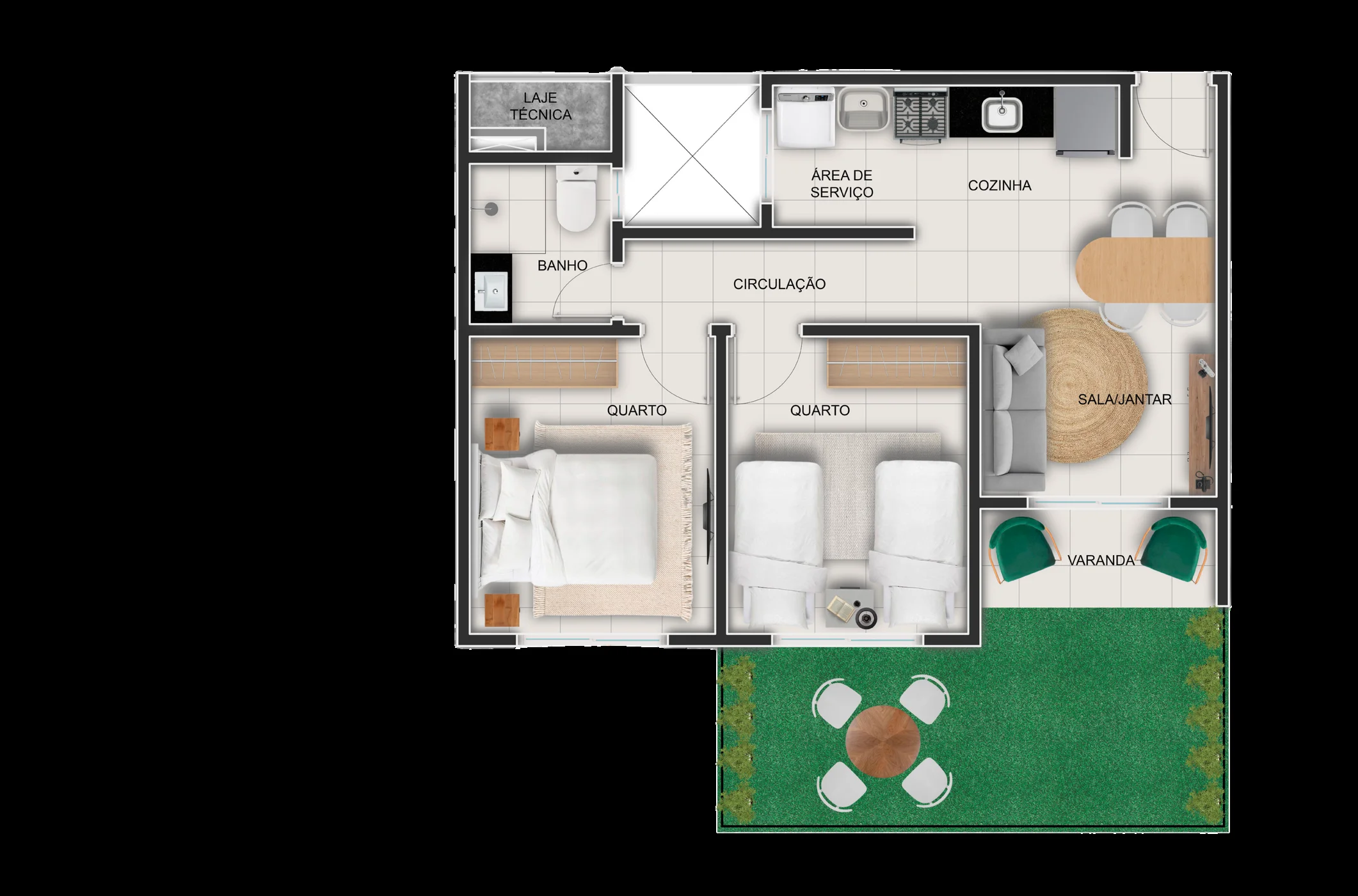 Planta baixa do apartamento de térreo do Bravize Eusébio: os mesmos 43,93 m² da planta de dois dormitórios, somados a 10,94 m² de garden