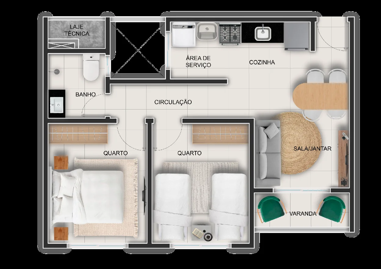 Planta baixa do apartamento de 43,93 m² do Bravize Eusébio: sala de estar e jantar, cozinha, área de serviço com tanque, varanda, um banheiro e dois dormitórios