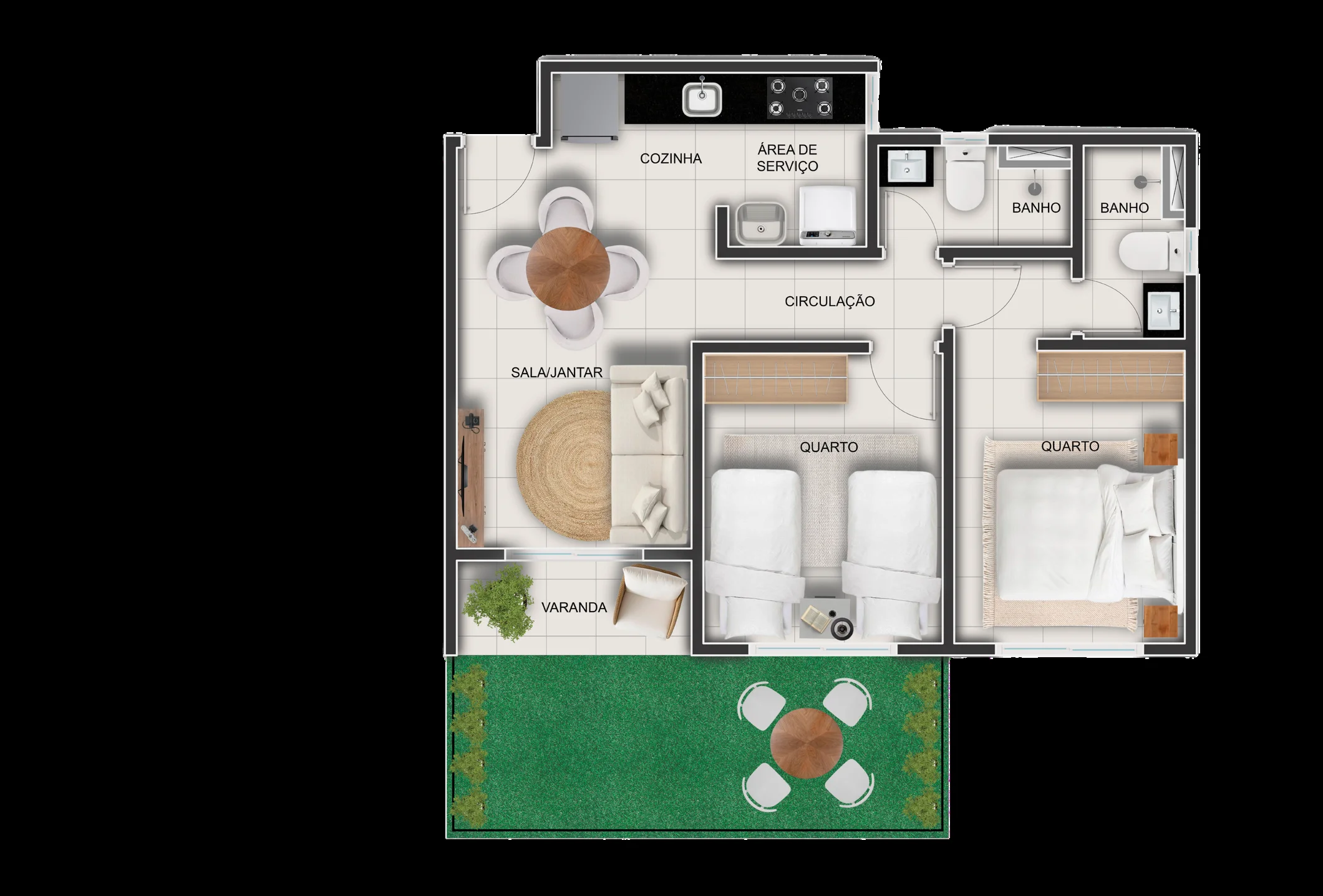Planta baixa do apartamento de térreo do Bravize Eusébio: os mesmos 48,59 m² da planta com suíte, somados a 9,71 m² de garden