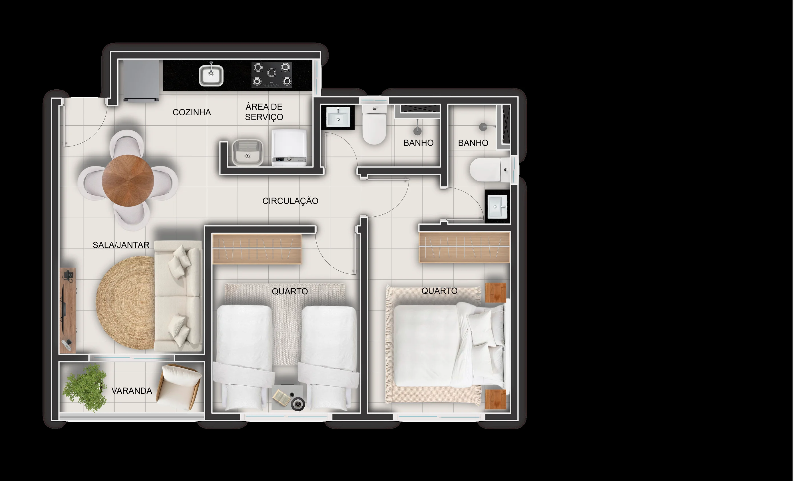 Planta baixa do apartamento de 48,59 m² do Bravize Eusébio: sala de estar e jantar, cozinha, área de serviço com tanque, varanda e dois dormitórios, sendo um suíte