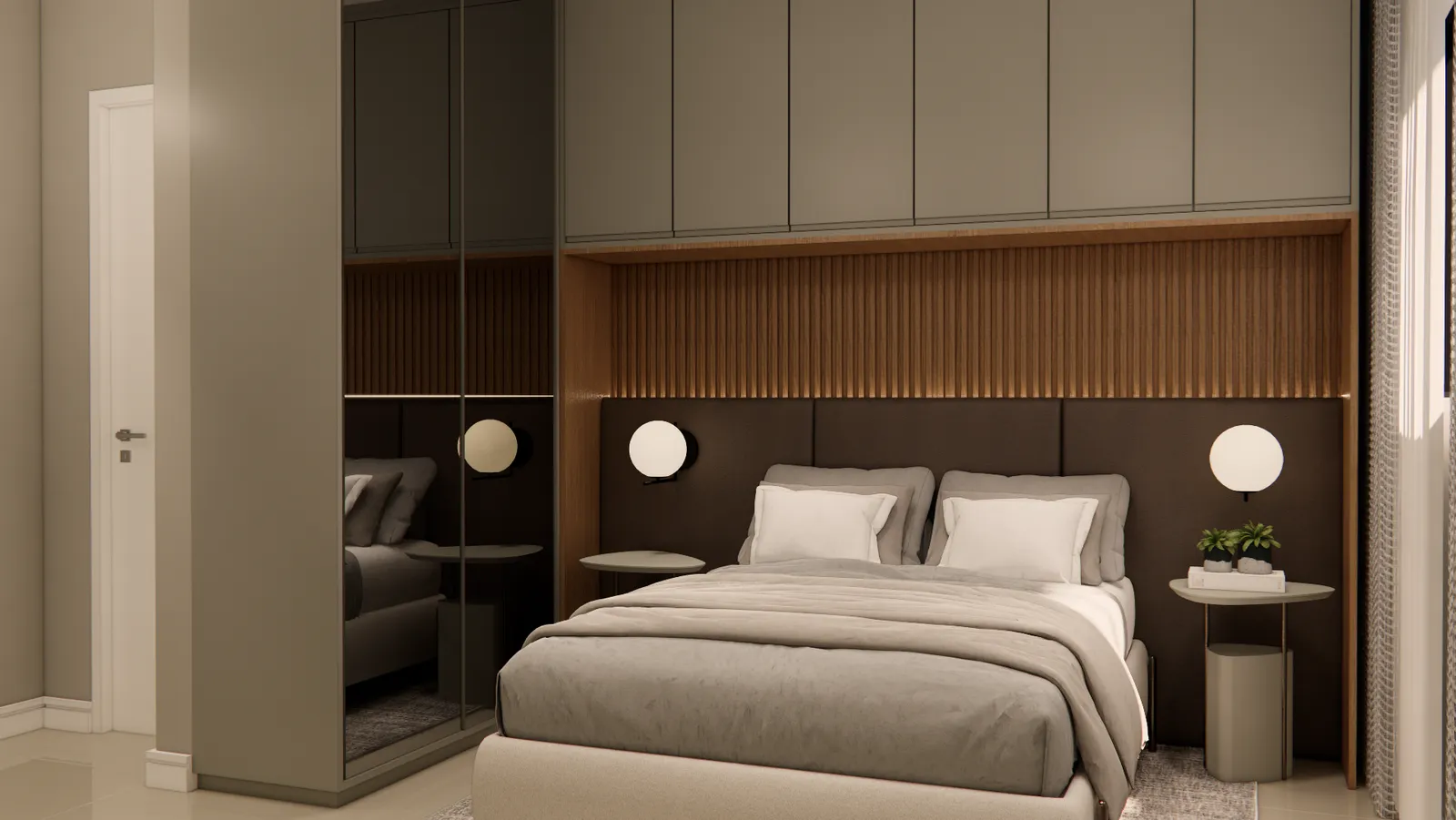 Quarto de casal decorado de um apartamento do Bravize Eusébio, com cama, cabeceira ripada e luminárias de parede