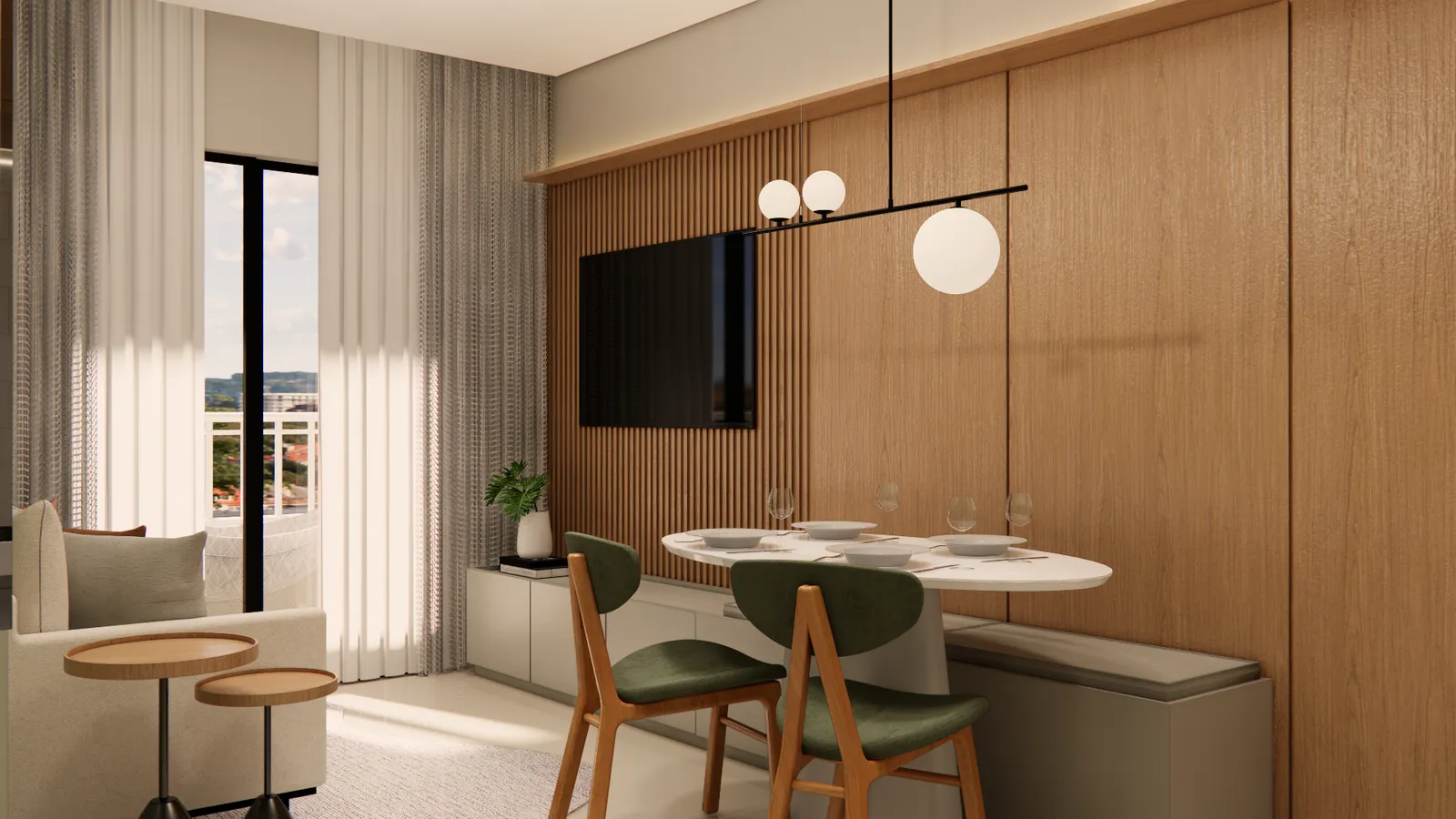 Sala de estar e jantar decorada de um apartamento do Bravize Eusébio, com sofá, mesa redonda, painel de madeira e televisão