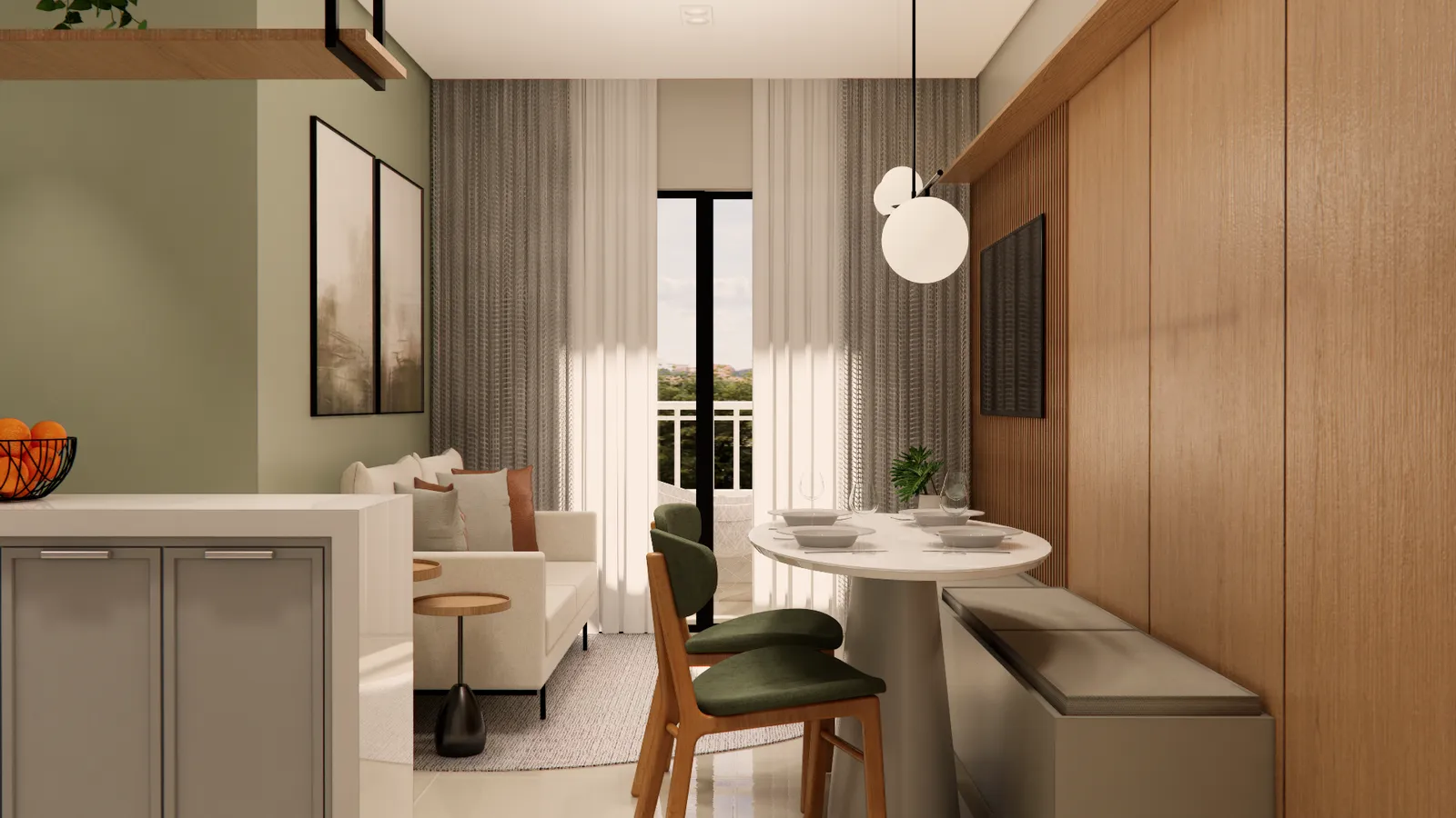 Sala de jantar decorada de um apartamento do Bravize Eusébio, com mesa, poltronas e a cozinha ao fundo