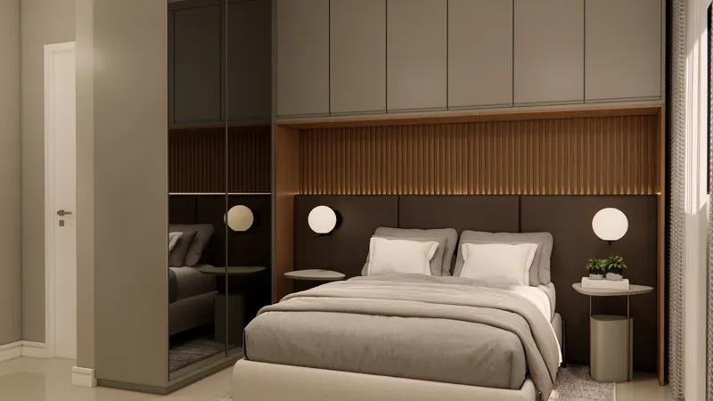 Suíte decorada da planta de 48,59 m² do Bravize Eusébio, com cama, cabeceira ripada e acesso ao banheiro