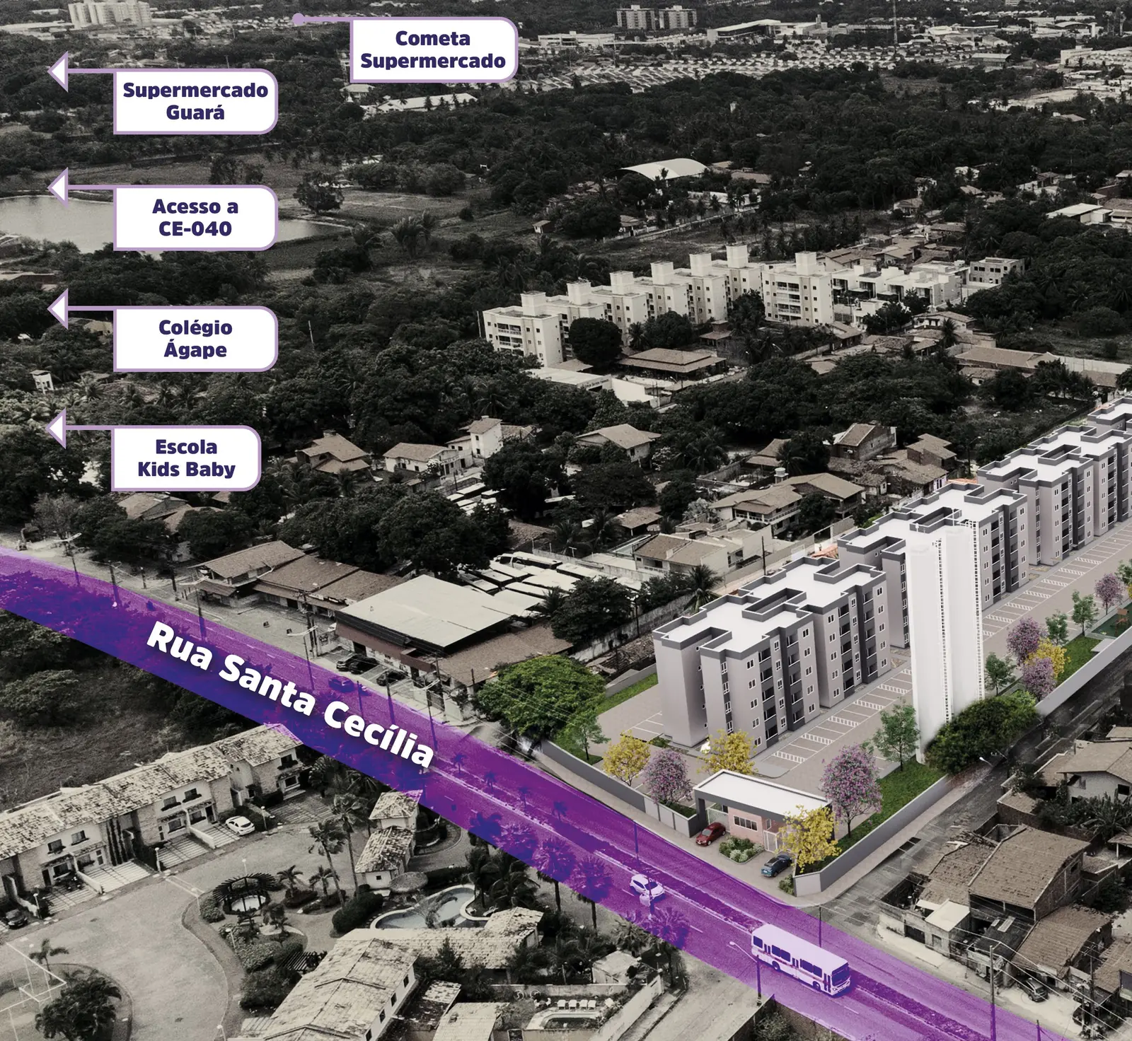 Foto aérea do entorno do Gran Village Eusébio III, com a Rua Santa Cecília destacada e os pontos de comércio, escolas e o acesso à CE-040 sinalizados