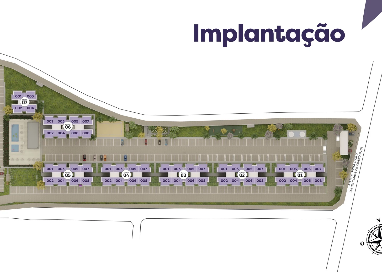 Implantação do Gran Village Eusébio III, com os 25 blocos numerados, o estacionamento e a área de lazer ao centro do terreno