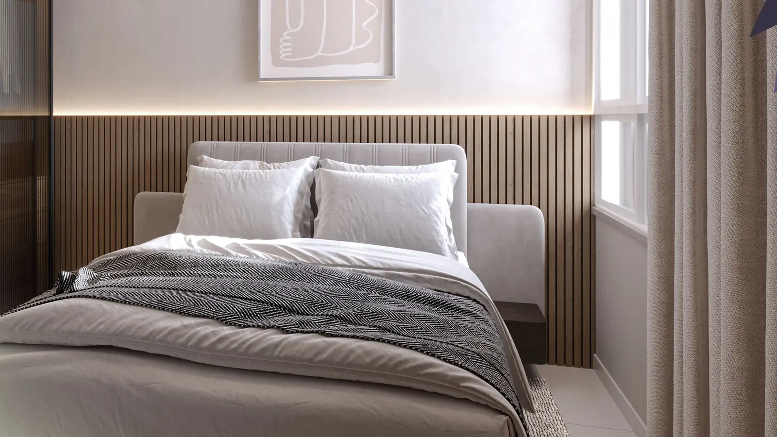 Suíte de casal decorada do Gran Village Eusébio III, com cama, closet aberto e painel ripado