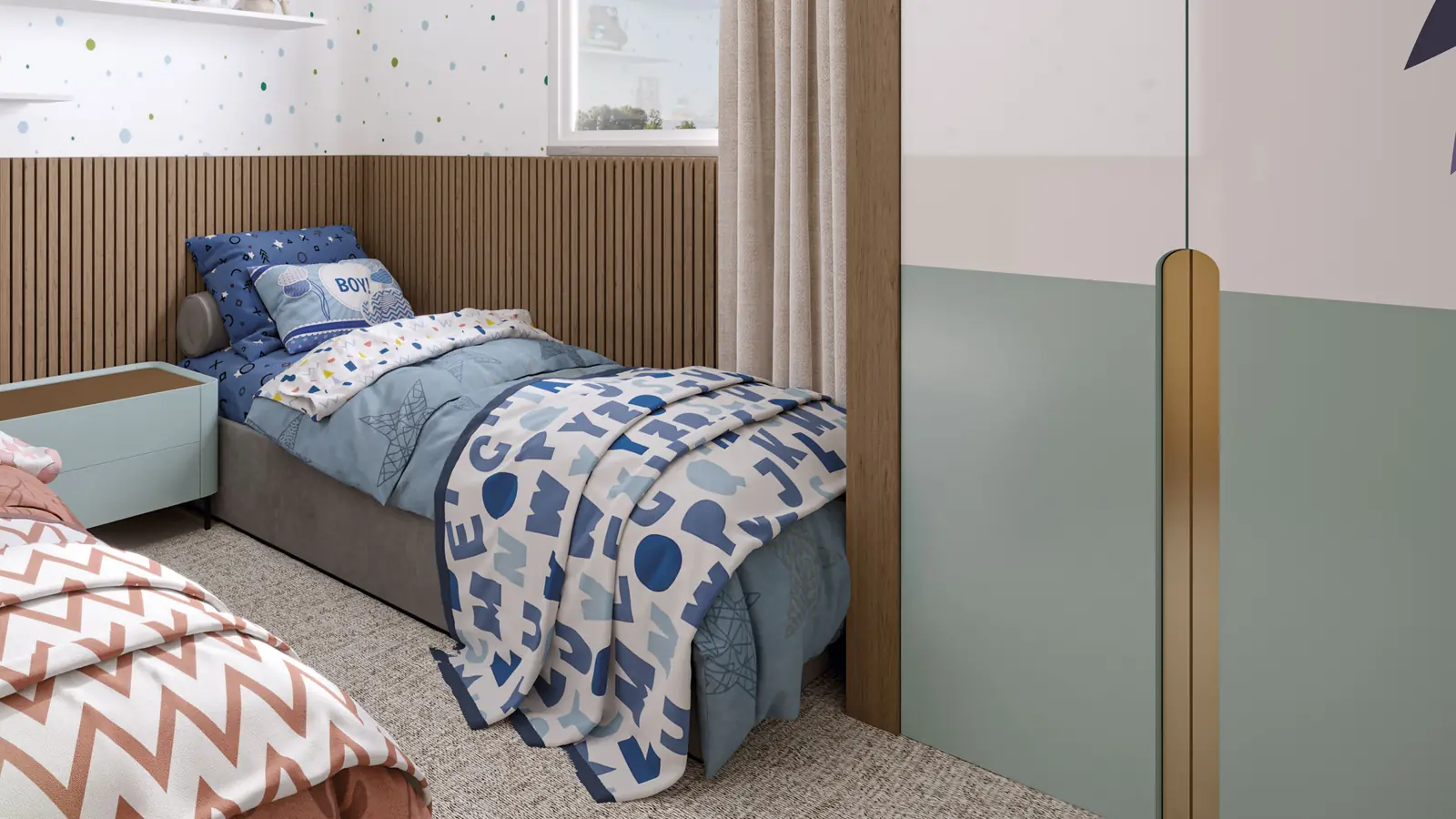 Segundo quarto do Gran Village Eusébio III, decorado como quarto infantil com duas camas de solteiro