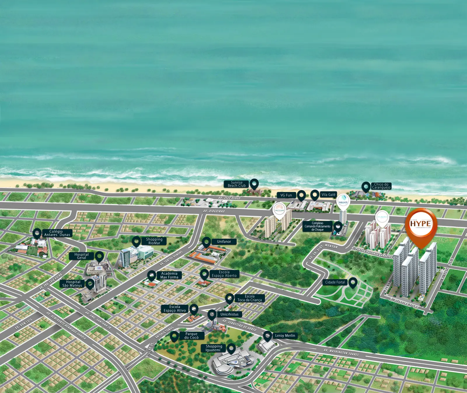 Mapa ilustrado do entorno do Hype Condomínio Clube, com a orla da Praia do Futuro, a Avenida Pintor Antônio Bandeira e os pontos de comércio e serviço marcados