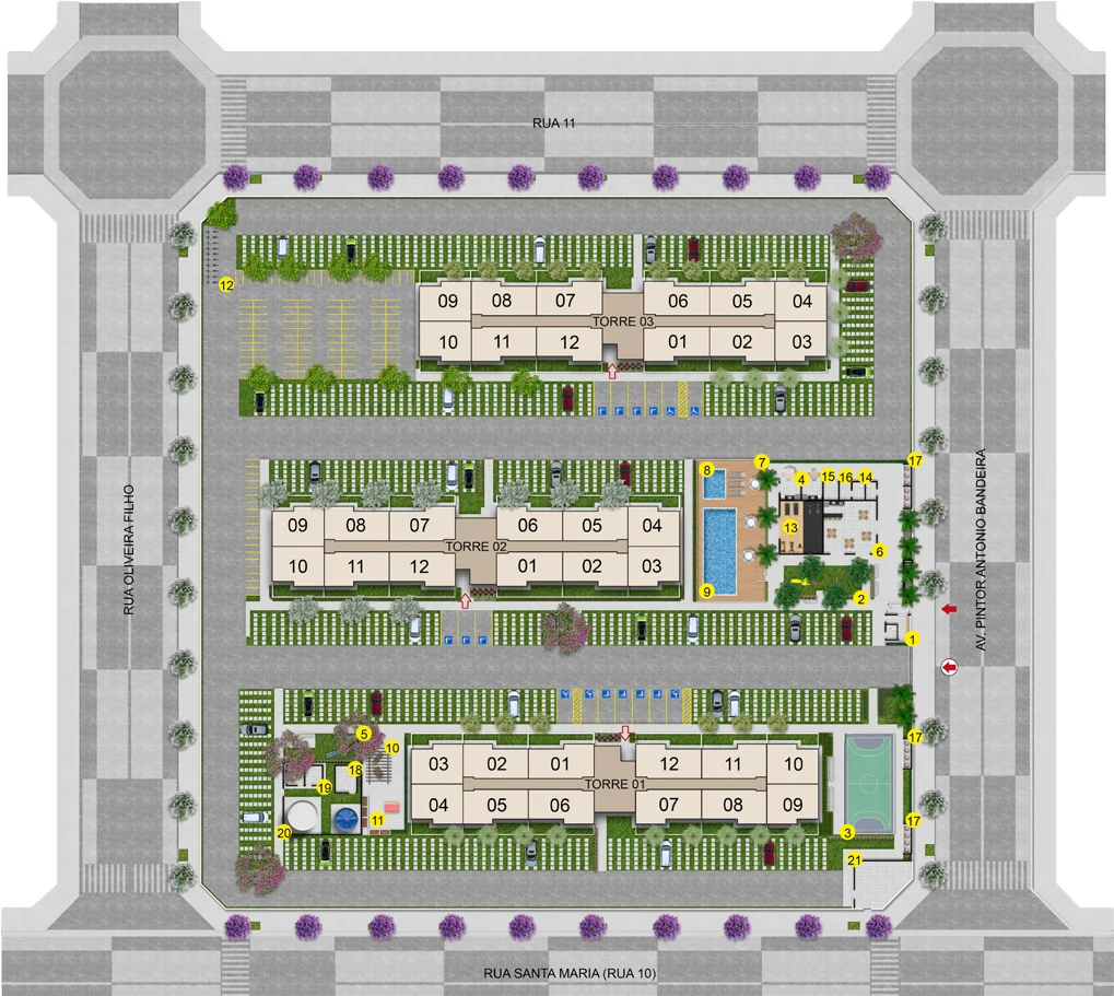 Implantação do Hype Condomínio Clube, com as três torres, os acessos de pedestre e de veículos, o estacionamento e a área de lazer com piscinas, quadra, playground e churrasqueiras