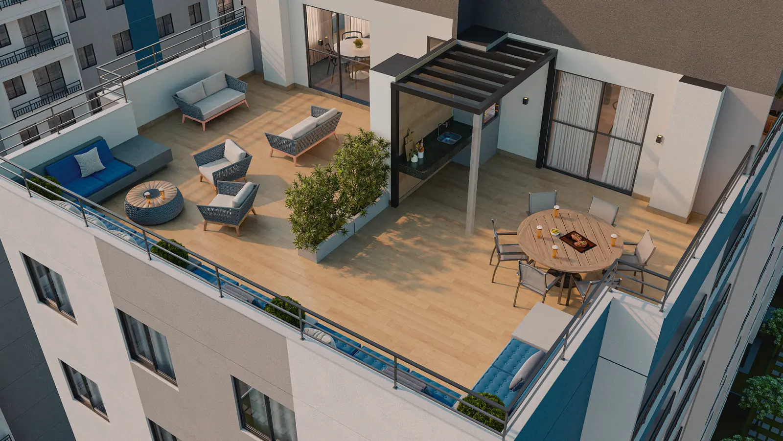 Deck do rooftop do Hype Condomínio Clube, com sofás, pergolado e mesa de apoio