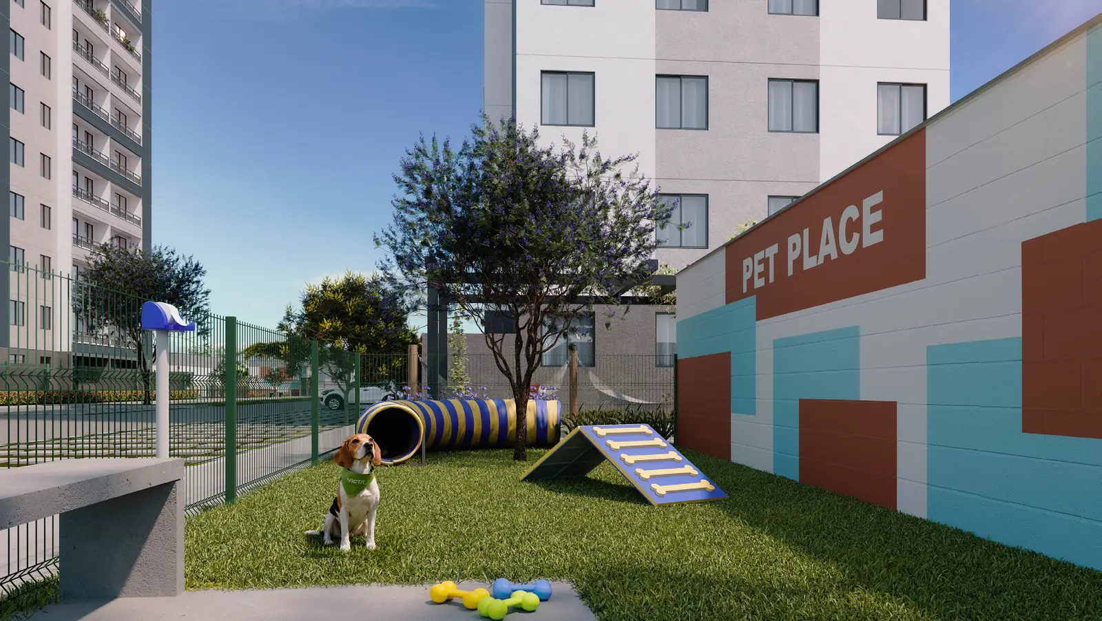 Pet place do Hype Condomínio Clube, com túnel, rampa de agility e o letreiro na parede