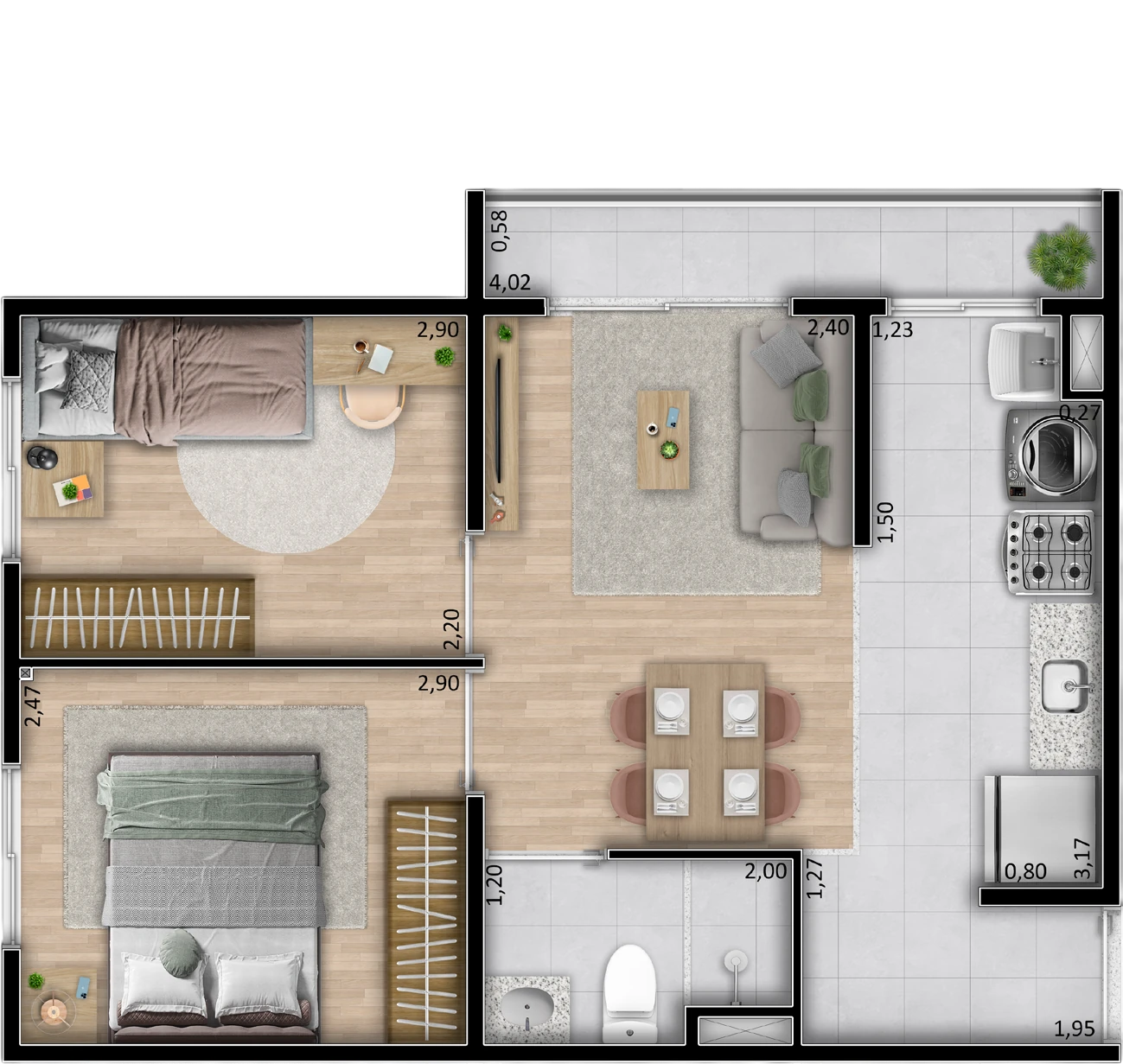 Planta baixa do Tipo A do Hype Condomínio Clube: varanda, sala de estar e jantar, cozinha com área de serviço, banheiro e dois quartos, com 38,52 m²