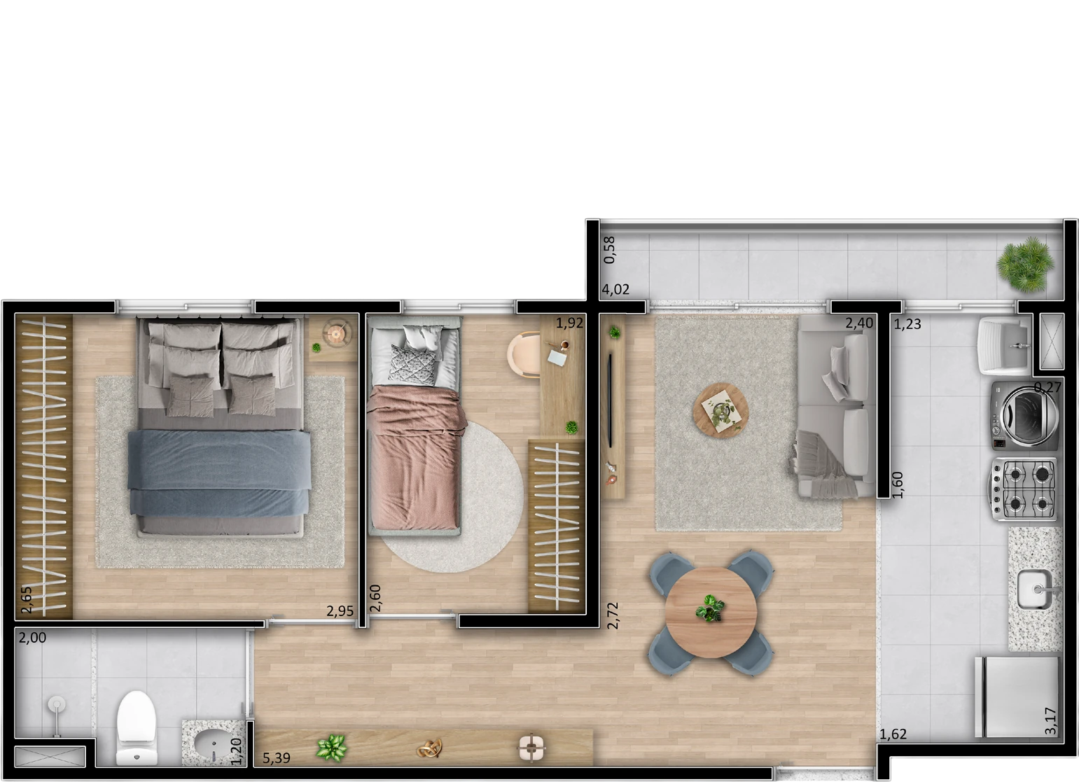 Planta baixa do Tipo B do Hype Condomínio Clube: mesma composição do Tipo A, com 40,90 m²