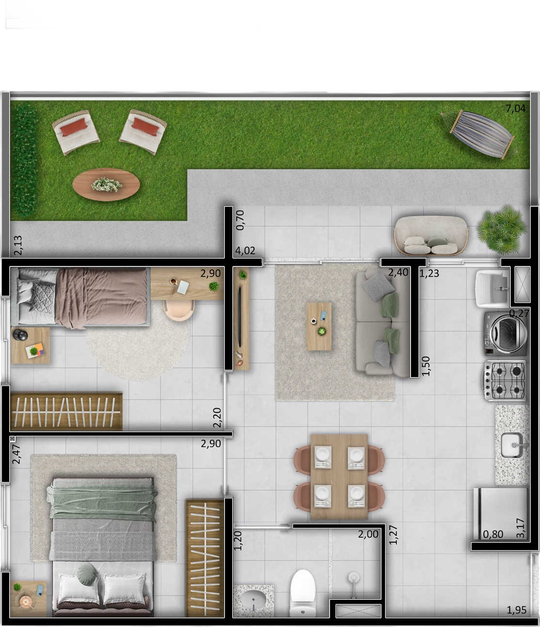 Planta baixa do Tipo C do Hype Condomínio Clube: apartamento de térreo de 38,52 m² com jardim privativo de 13,31 m²