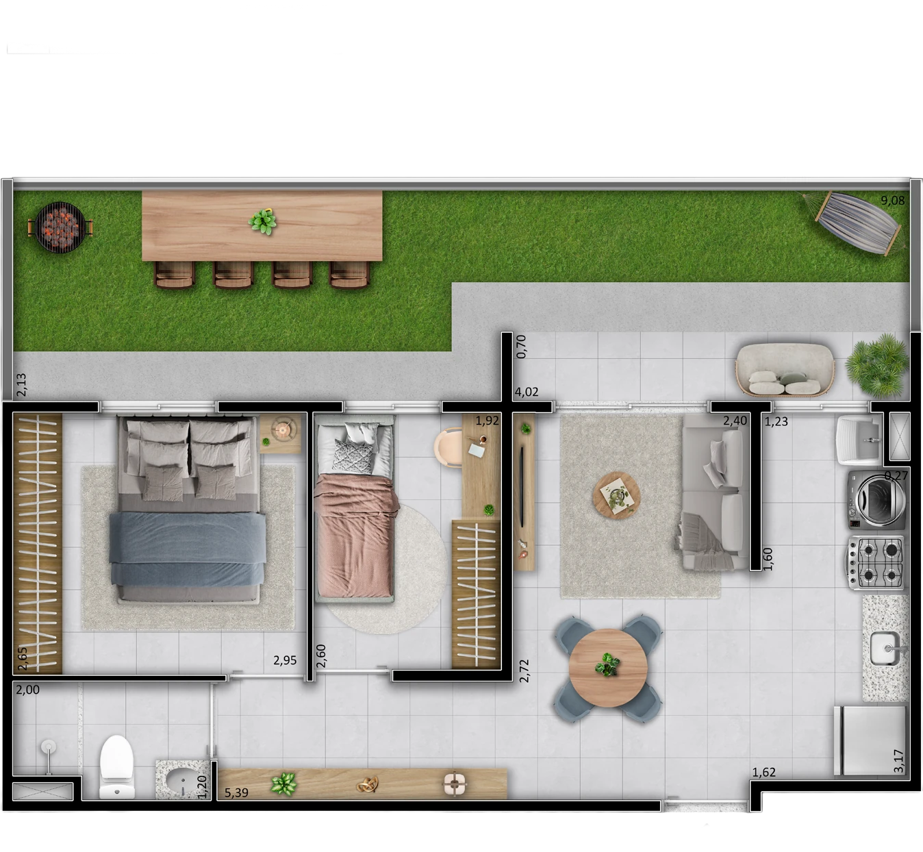 Planta baixa do Tipo D do Hype Condomínio Clube: apartamento de térreo de 40,90 m² com jardim privativo de 17,76 m²