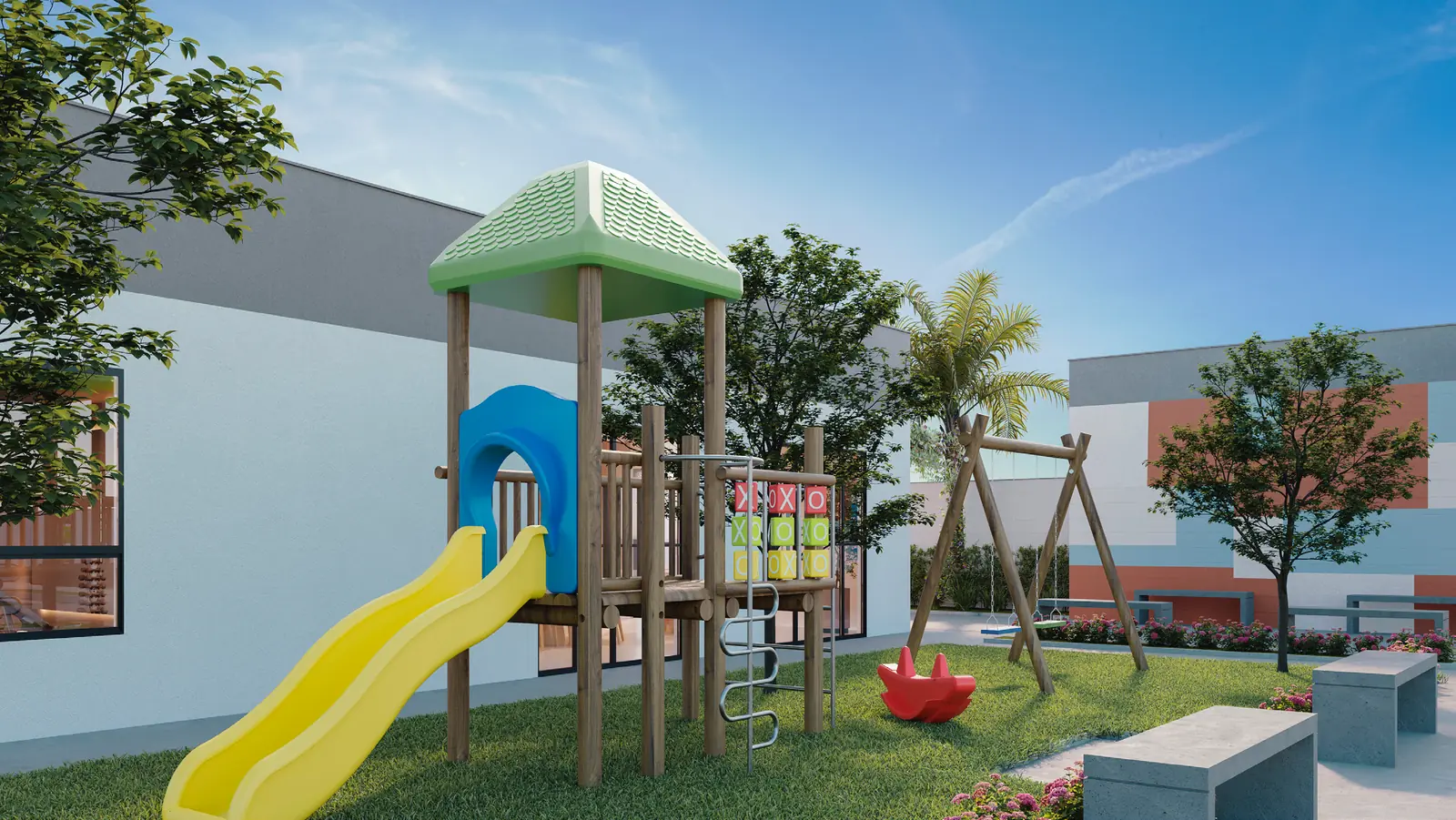 Playground do Hype Condomínio Clube, com torre de madeira, escorregador e piso emborrachado