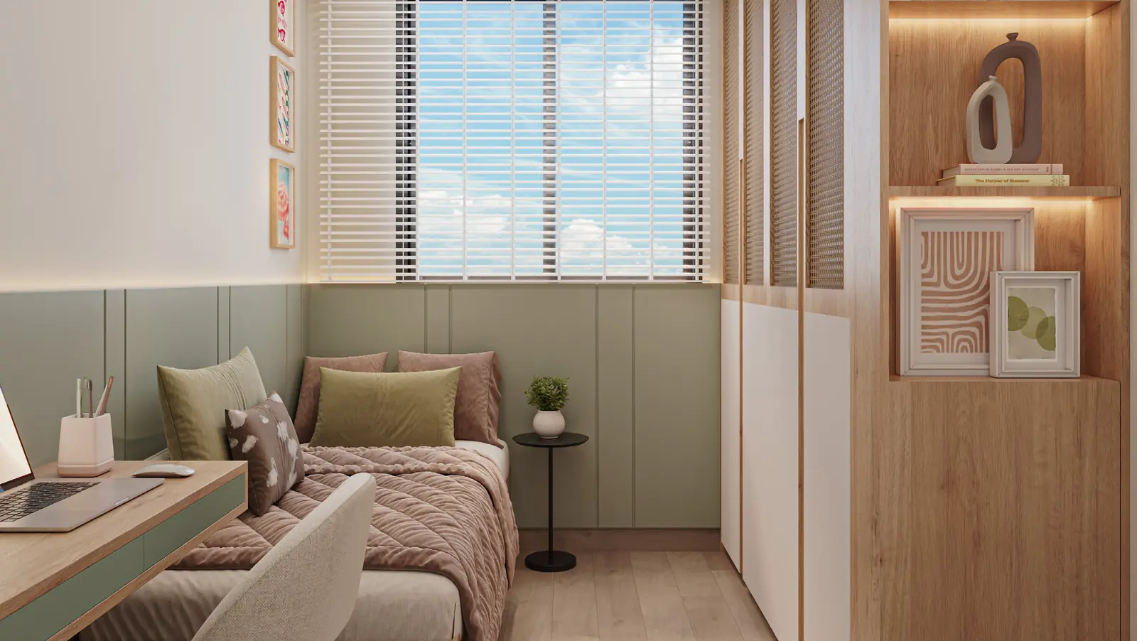 Segundo quarto do Hype Condomínio Clube, decorado com cama, nichos e escrivaninha junto à janela