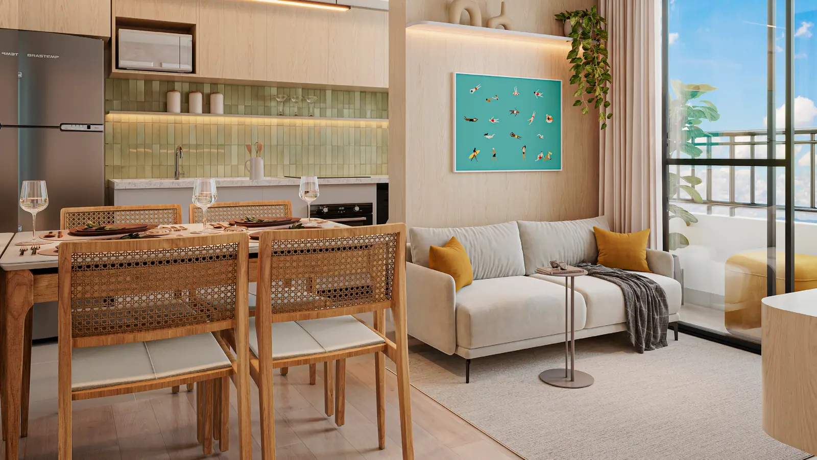 Sala de estar e jantar decorada de um apartamento do Hype Condomínio Clube, com mesa, sofá e varanda ao fundo