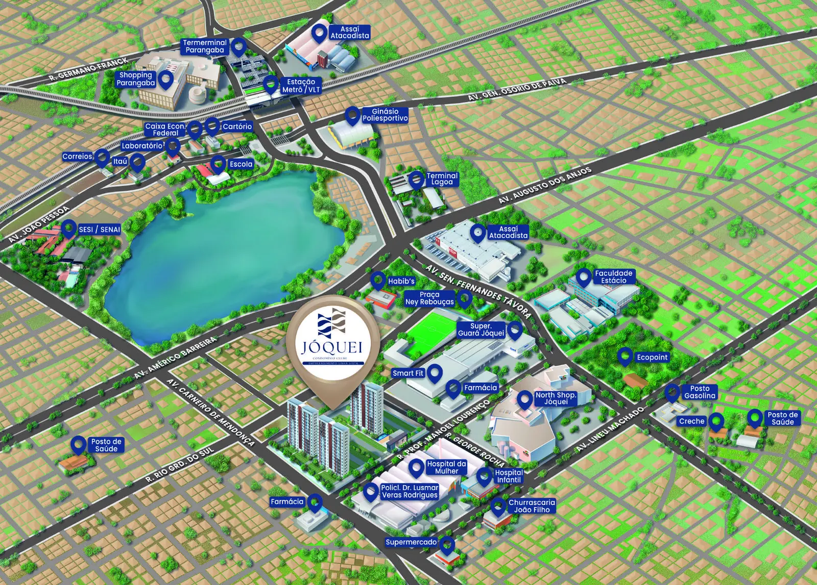 Mapa ilustrado do entorno do Jóquei Condomínio Clube, com o North Shopping Jóquei na mesma rua, o Assaí, hospitais, faculdade e o Terminal Lagoa marcados