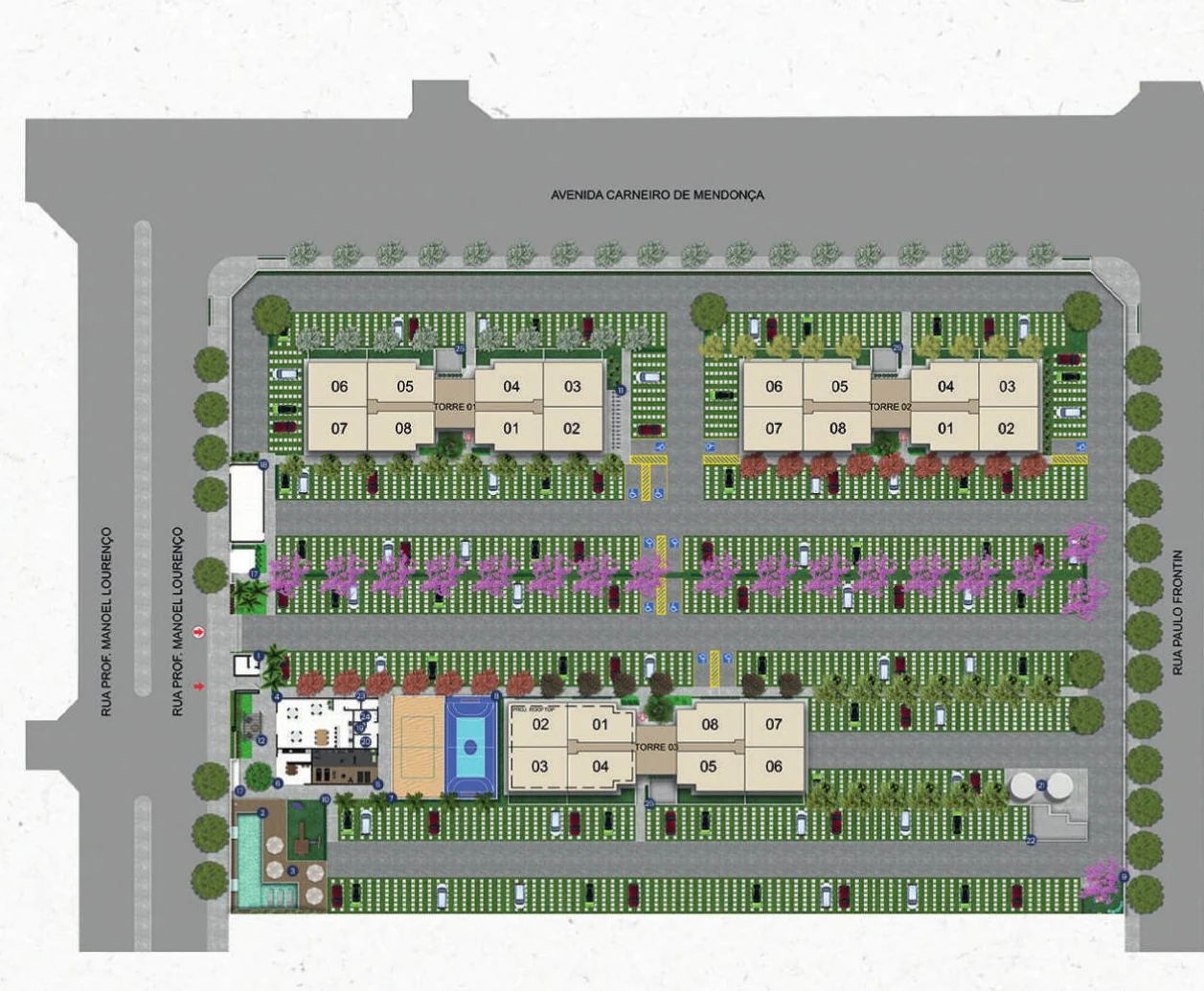 Implantação do Jóquei Condomínio Clube, com as três torres numeradas, o estacionamento, a piscina e a quadra de beach tennis, entre a Rua Professor Manoel Lourenço e a Rua Paulo Frontin