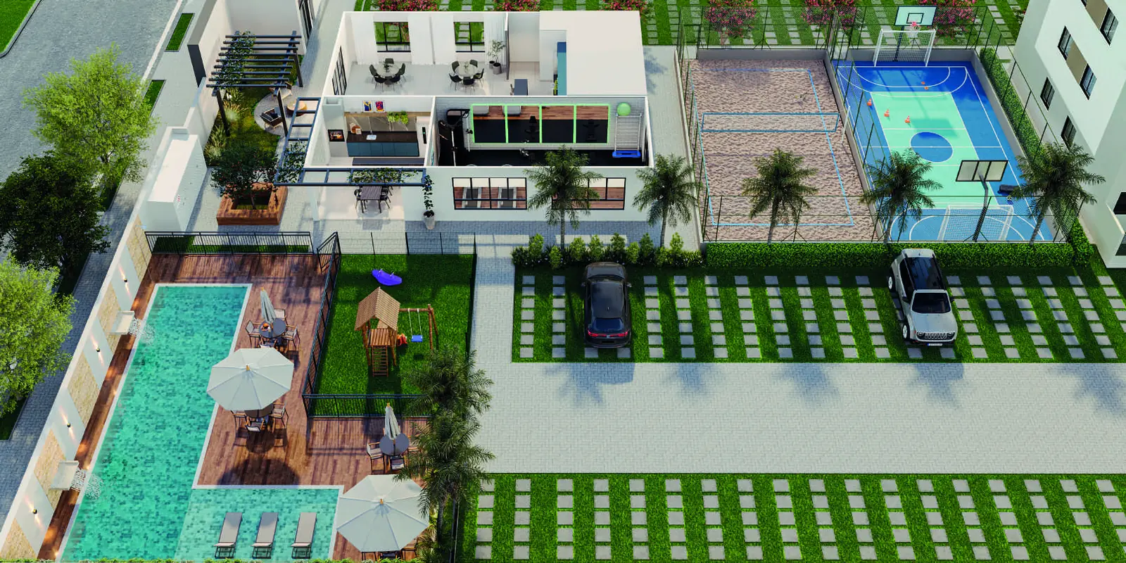 Vista aérea do lazer do térreo do Jóquei Condomínio Clube, com a piscina, a quadra de beach tennis, o deck e o estacionamento entre as torres