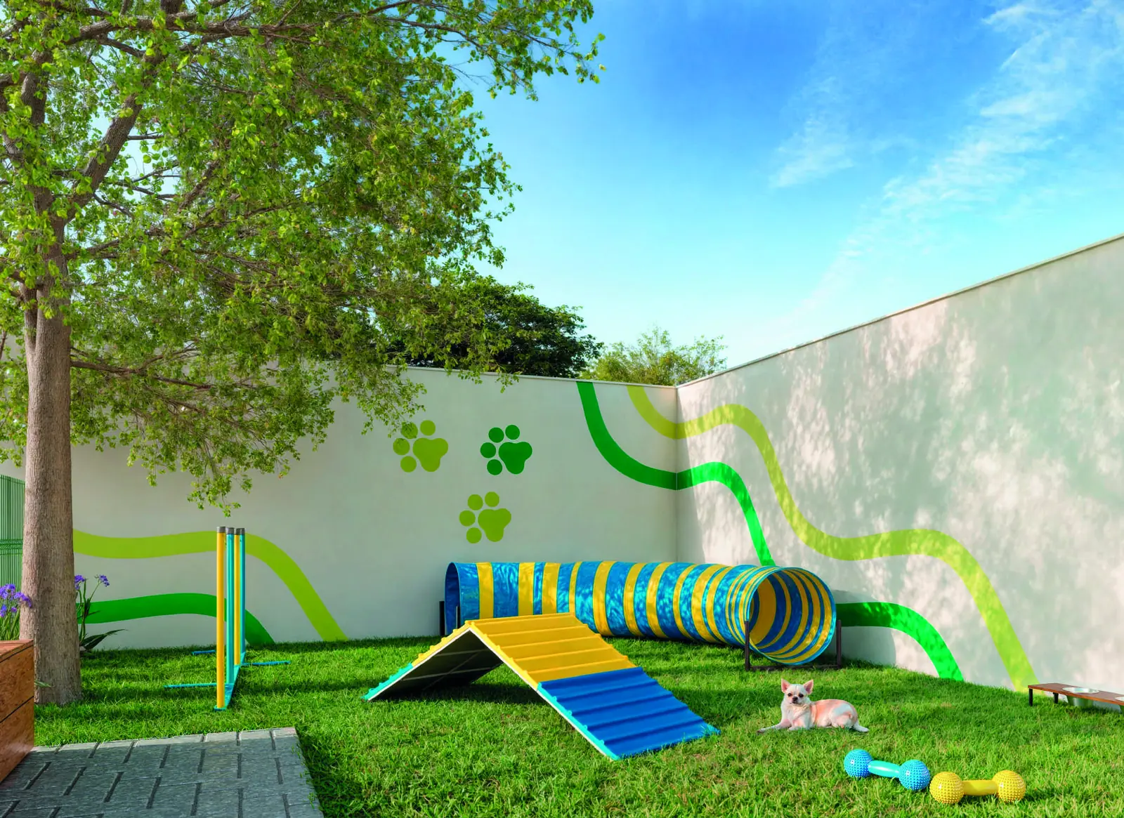 Pet place do Jóquei Condomínio Clube, com obstáculos e grama