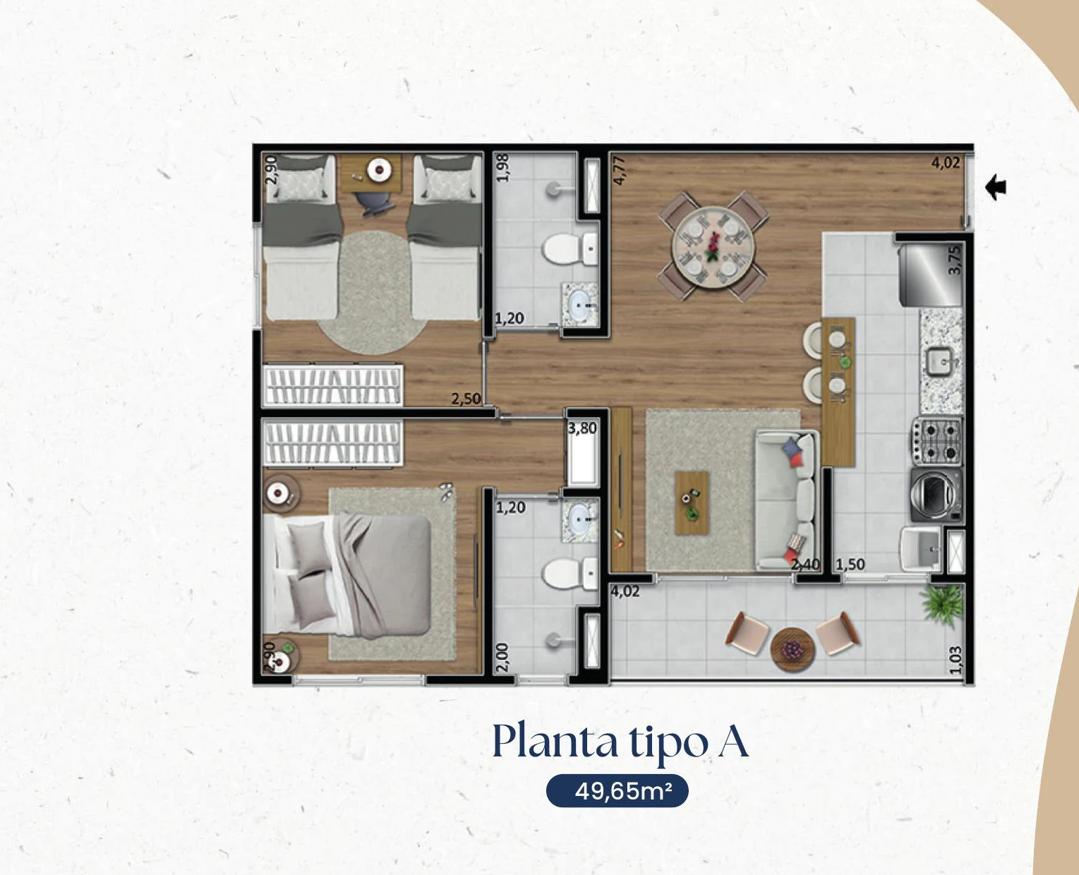 Planta baixa do Tipo A do Jóquei Condomínio Clube: sala integrada com varanda, cozinha com área de serviço, dois banheiros e dois quartos, sendo um suíte, com 49,65 m²