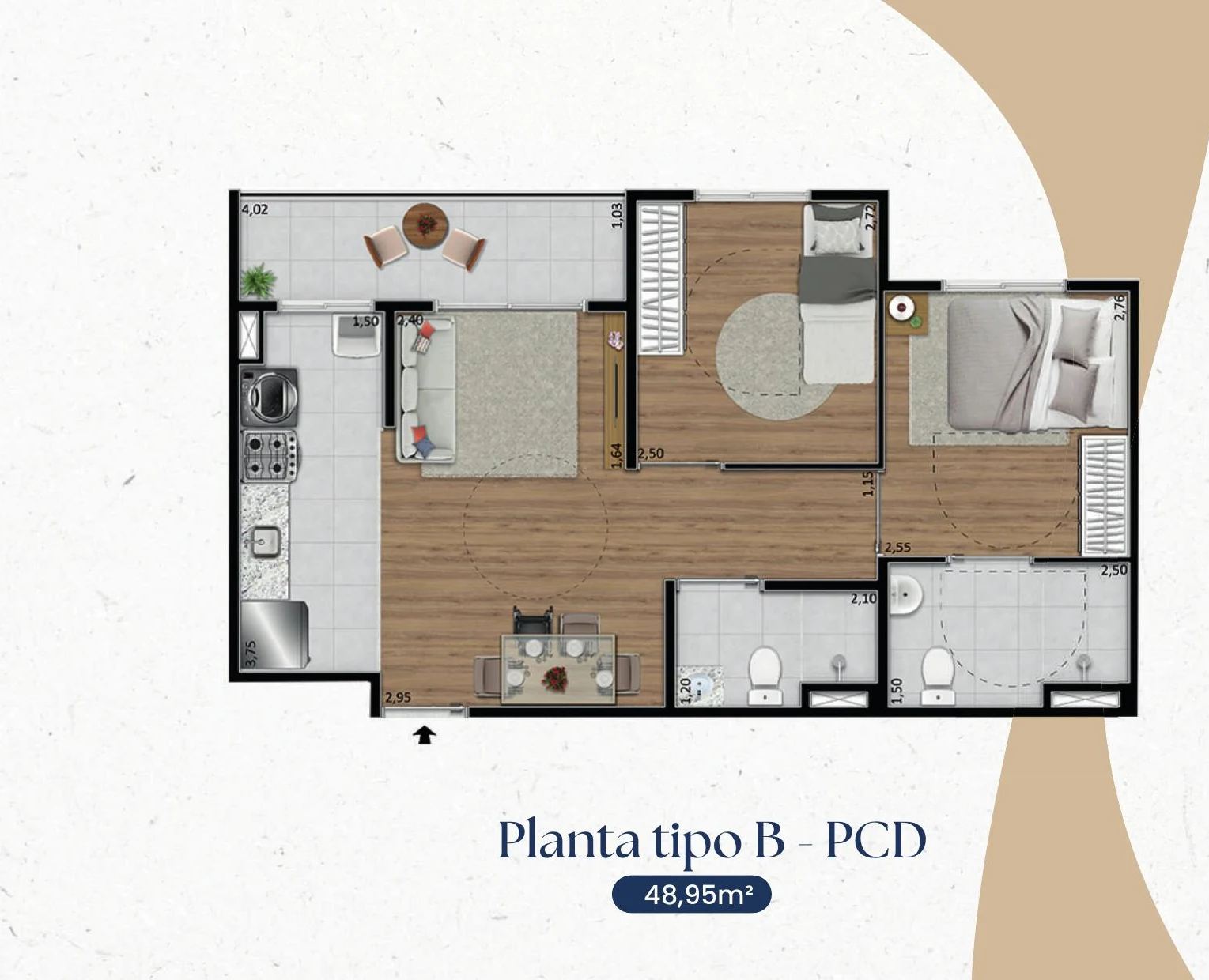 Planta baixa do Tipo B PcD do Jóquei Condomínio Clube, versão adaptada a pessoas com deficiência, com 48,95 m²