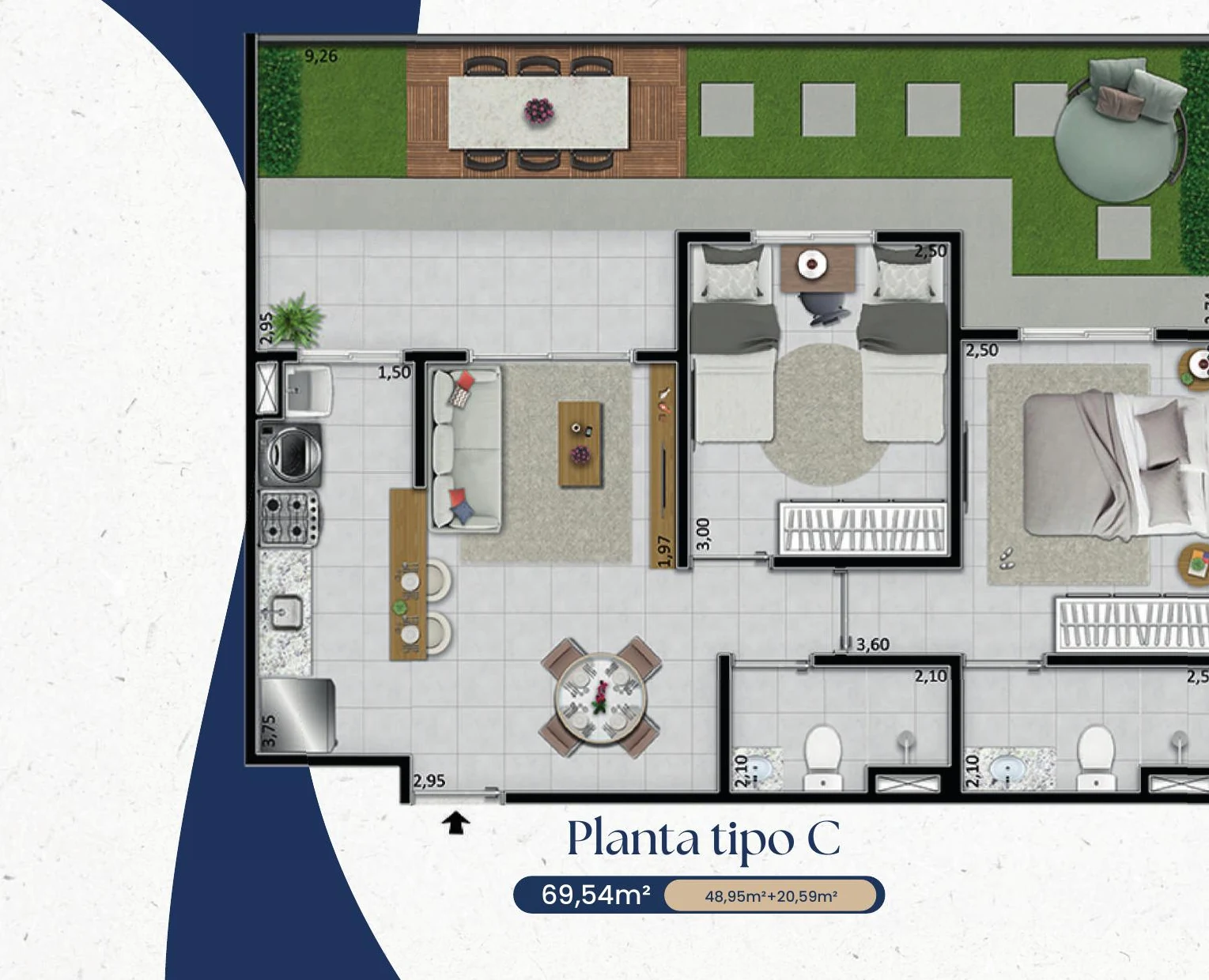 Planta baixa do Tipo C do Jóquei Condomínio Clube: apartamento de térreo de 48,95 m² com jardim privativo de 20,59 m², somando 69,54 m²