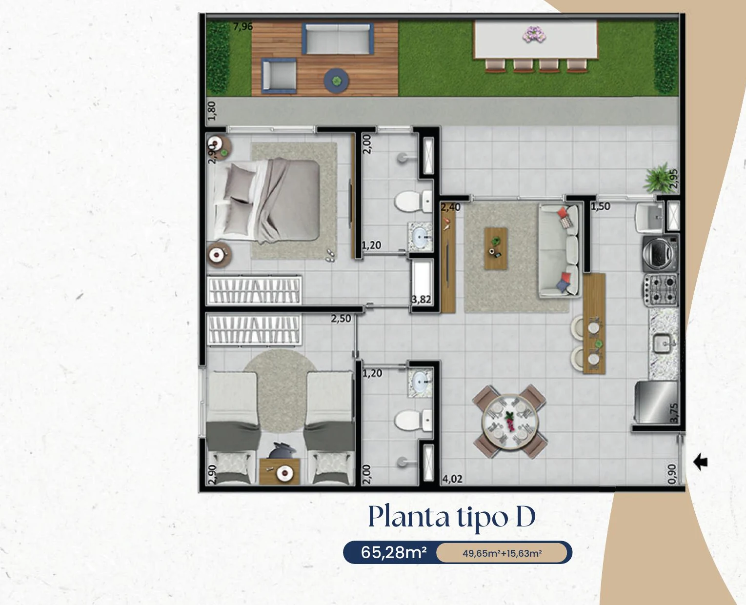 Planta baixa do Tipo D do Jóquei Condomínio Clube: apartamento de térreo de 49,65 m² com jardim privativo de 15,63 m², somando 65,28 m²