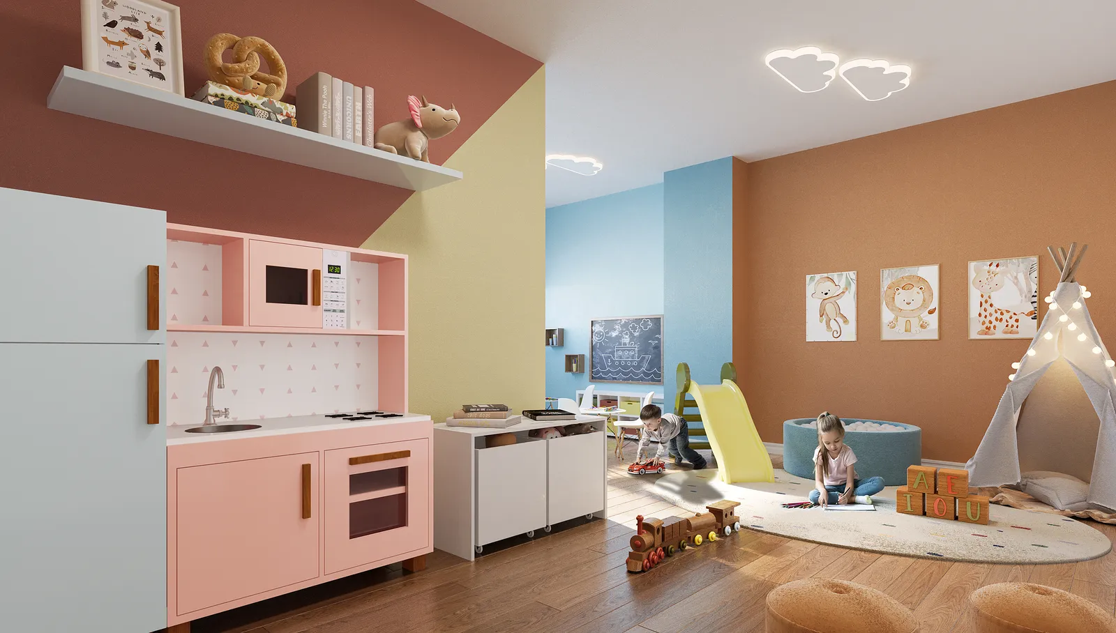 Brinquedoteca do Laguna Ville, com cozinha de brinquedo, cabana, tapete e prateleiras de livros