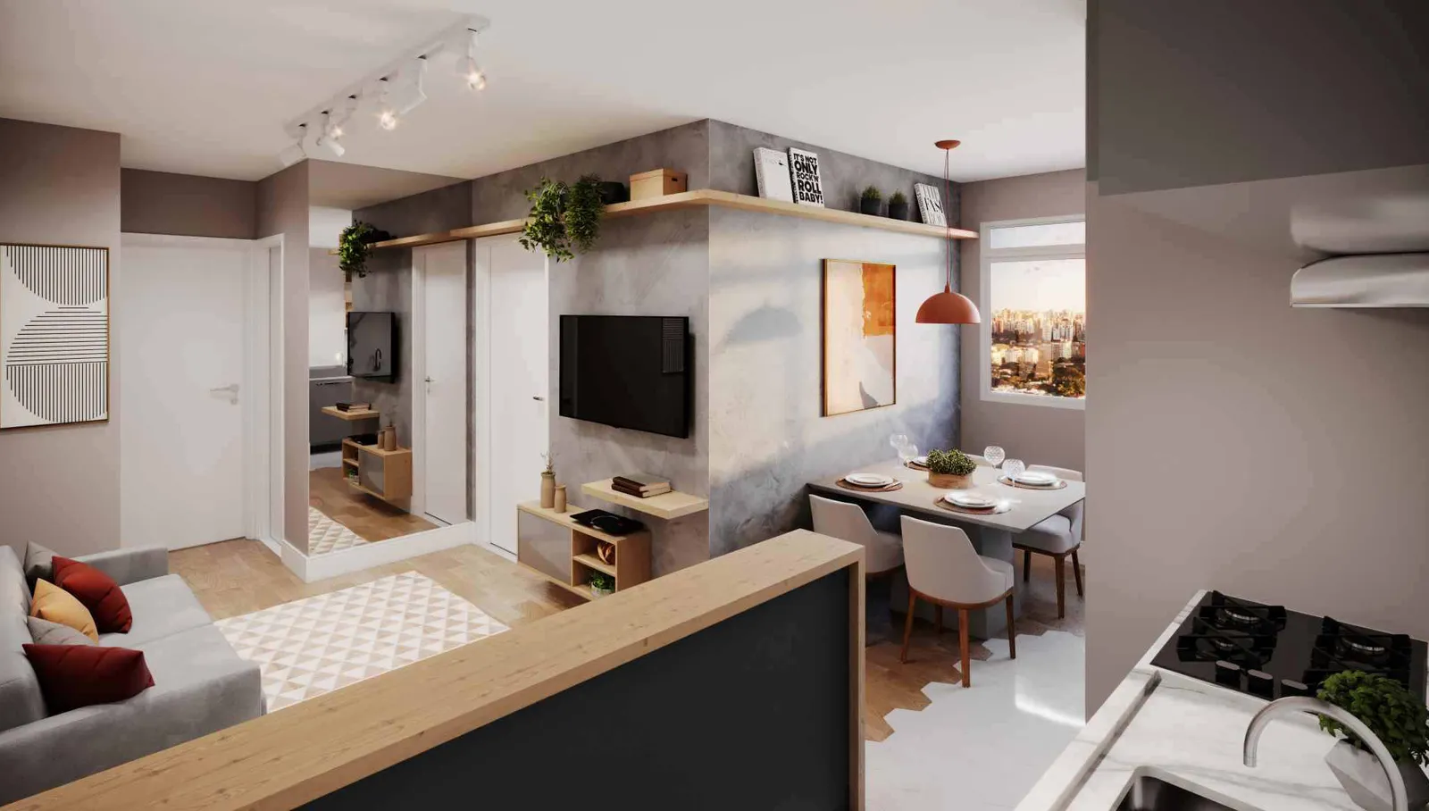 Cozinha decorada de um apartamento do Laguna Ville, integrada à sala, com bancada, armários e mesa de apoio
