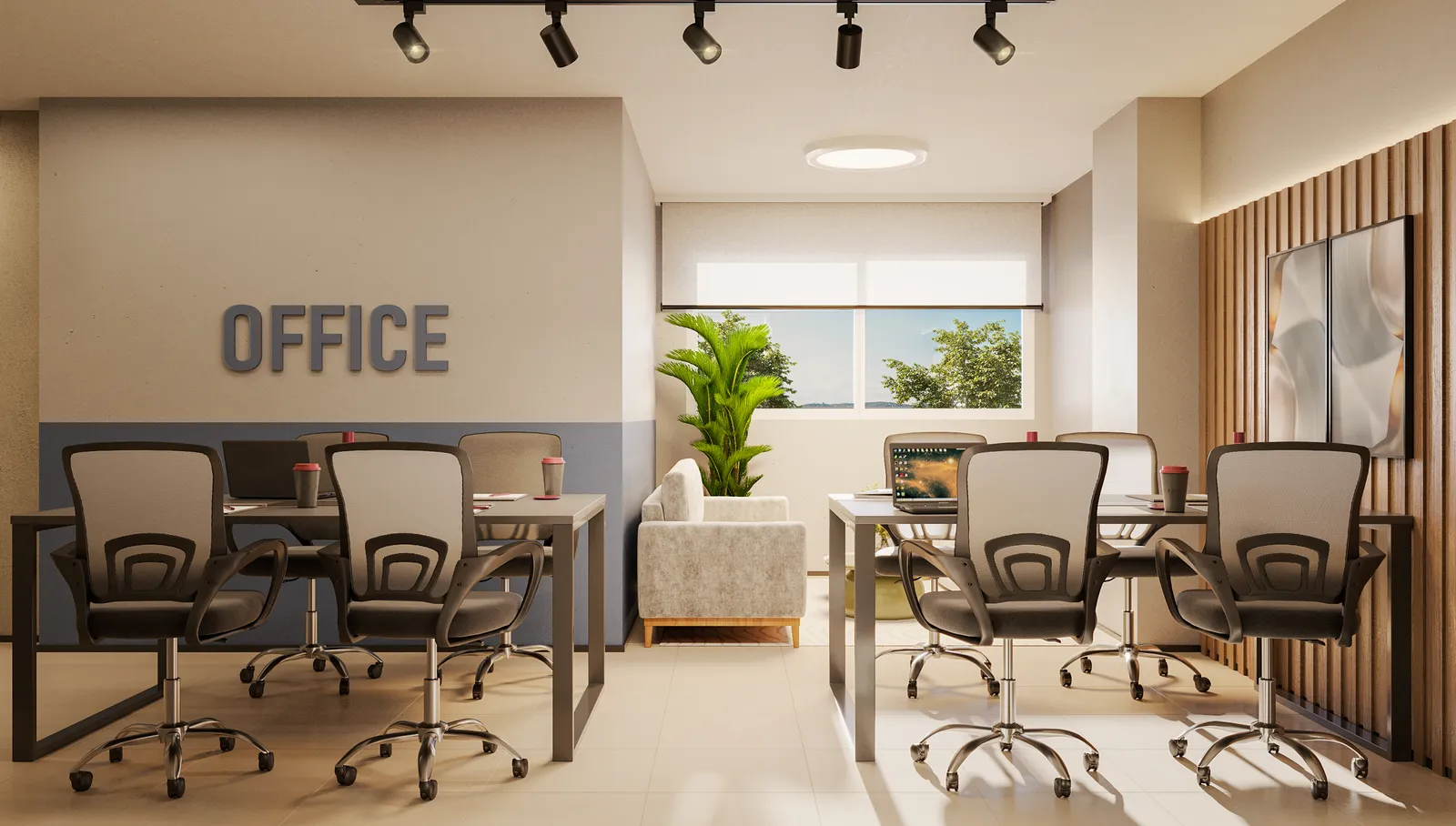 Espaço office do Laguna Ville, com estações de trabalho, cadeiras e o letreiro OFFICE na parede
