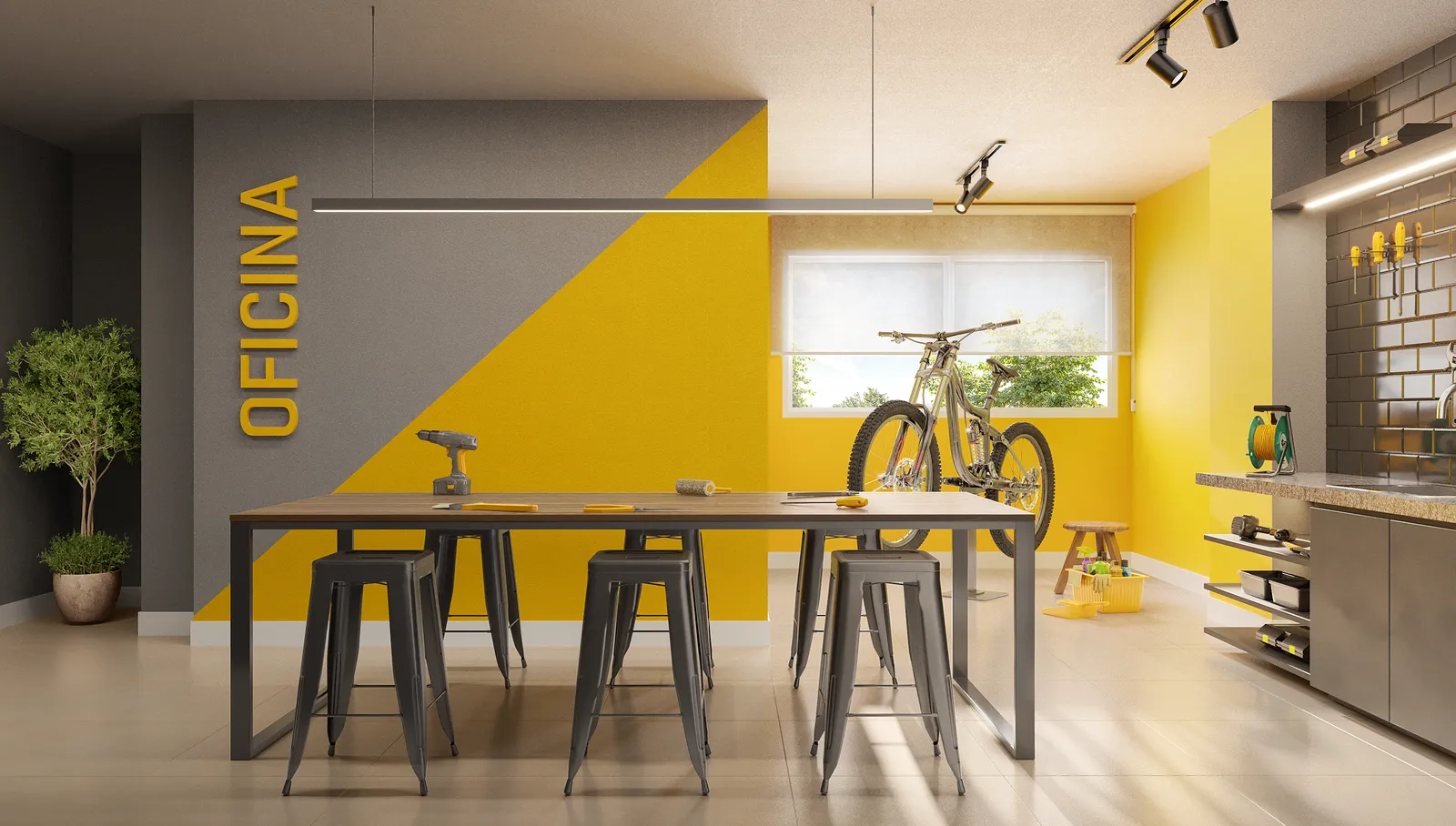 Espaço oficina do Laguna Ville, com bancada, banquetas altas, ferramentas e suporte de bicicleta