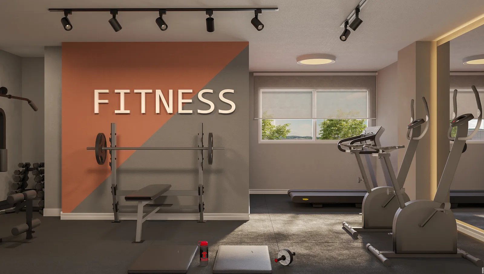 Fitness interno do Laguna Ville, com esteiras, bicicleta ergométrica, aparelhos de musculação e o letreiro FITNESS na parede