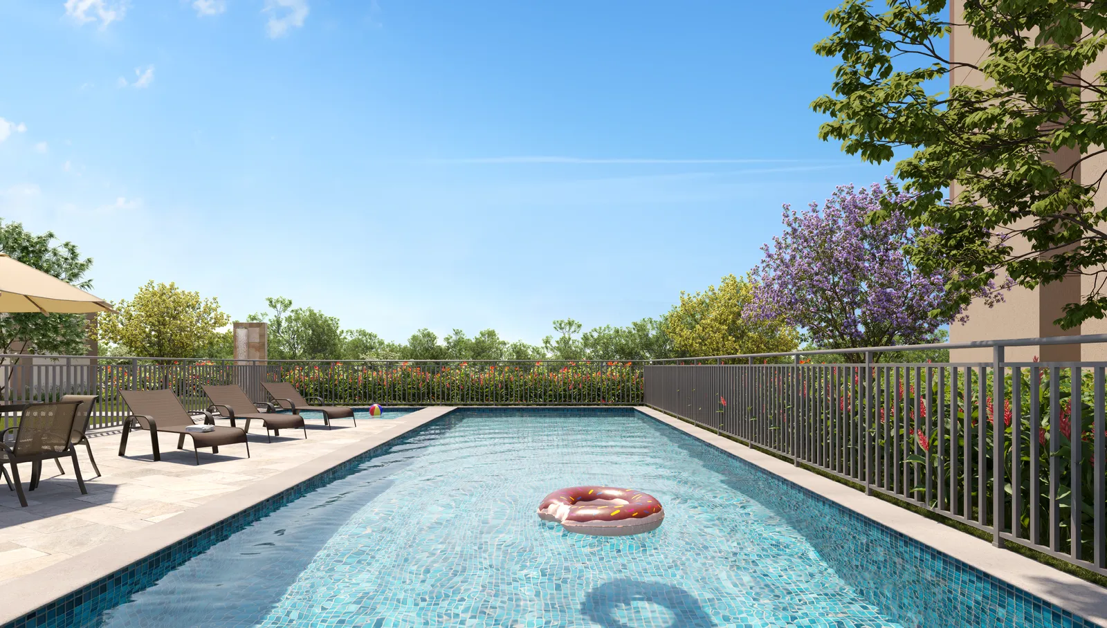 Piscina adulto e piscina infantil do Laguna Ville, com deck, espreguiçadeiras e os blocos de apartamentos ao fundo