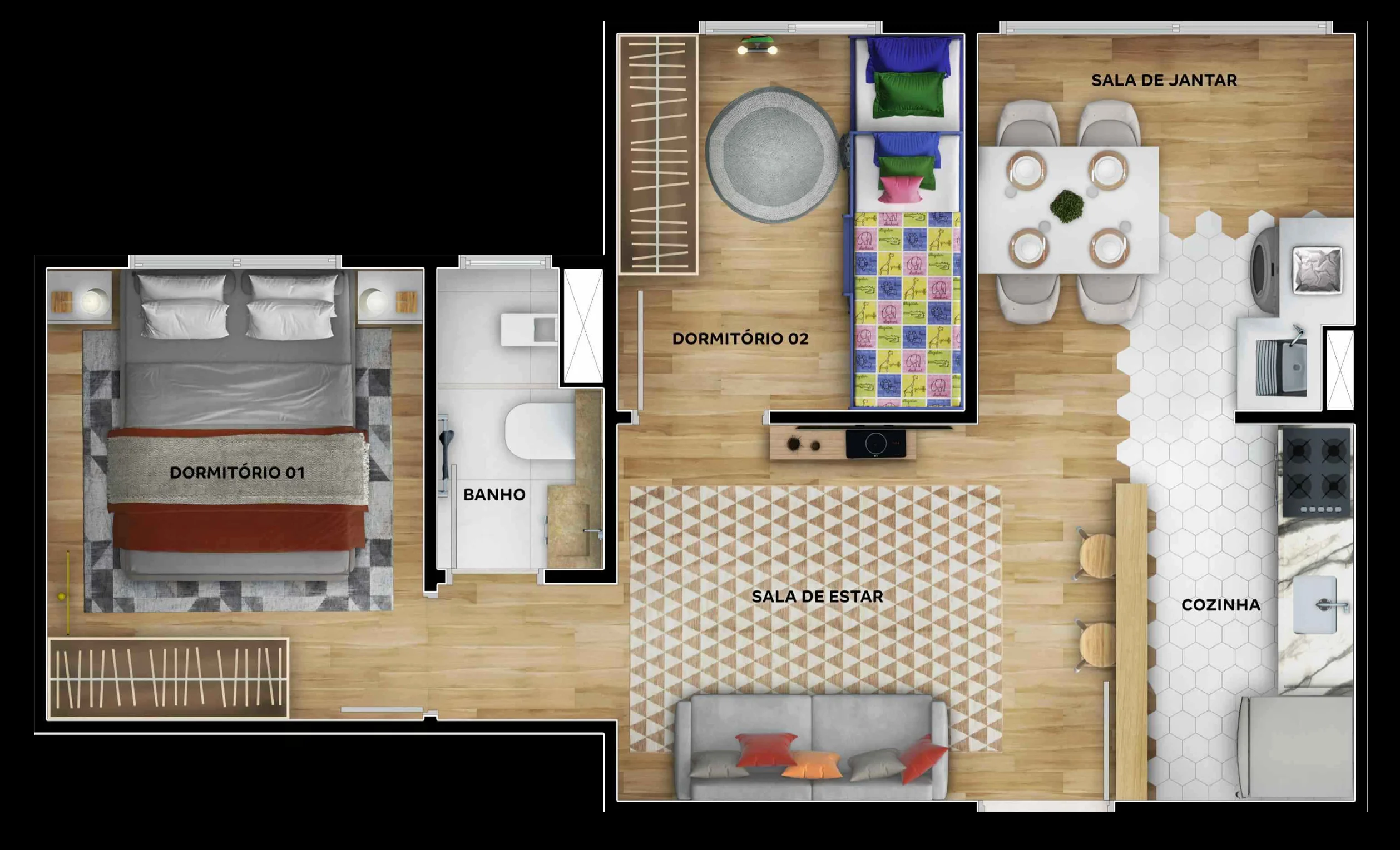 Planta baixa do apartamento de 2 dormitórios do Laguna Ville: sala de estar e jantar, cozinha, área de serviço, um banheiro e dois dormitórios