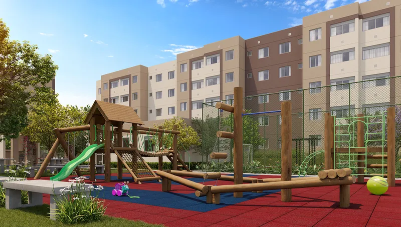 Play kids do Laguna Ville, com torre de madeira, escorregador e piso emborrachado, entre os blocos