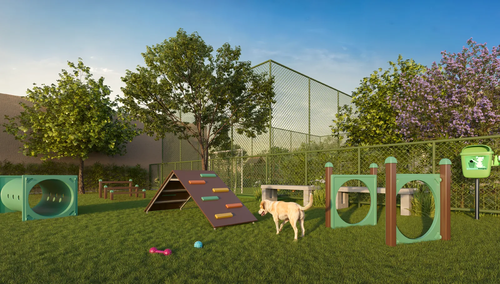 Play pet do Laguna Ville, com obstáculos de agility sobre a grama e cães brincando