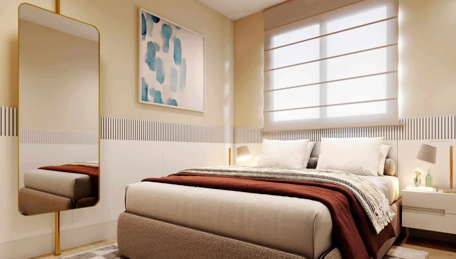 Quarto de casal decorado de um apartamento do Laguna Ville, com cama, criados-mudos e janela ampla