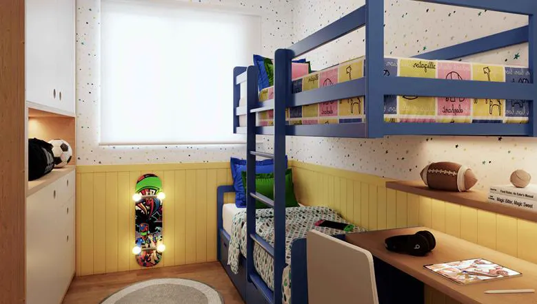 Segundo quarto de um apartamento do Laguna Ville, decorado como quarto infantil, com beliche, escrivaninha e nichos
