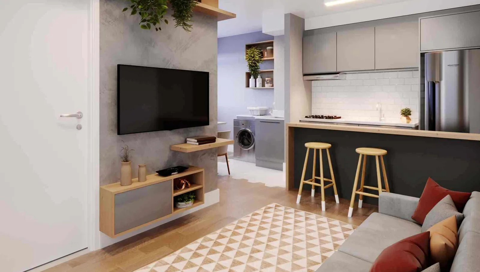 Sala de estar e jantar decorada de um apartamento do Laguna Ville, integrada à cozinha, com sofá, televisão e bancada