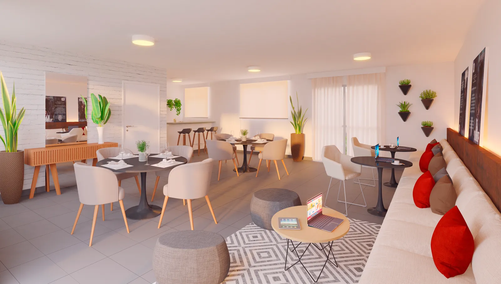 Salão de festas com coworking do Laguna Ville, com mesas de refeição, poltronas e estações de trabalho